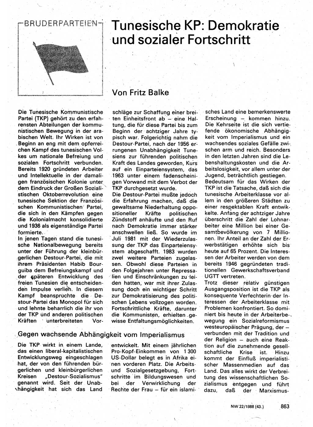 Neuer Weg (NW), Organ des Zentralkomitees (ZK) der SED (Sozialistische Einheitspartei Deutschlands) für Fragen des Parteilebens, 43. Jahrgang [Deutsche Demokratische Republik (DDR)] 1988, Seite 863 (NW ZK SED DDR 1988, S. 863)