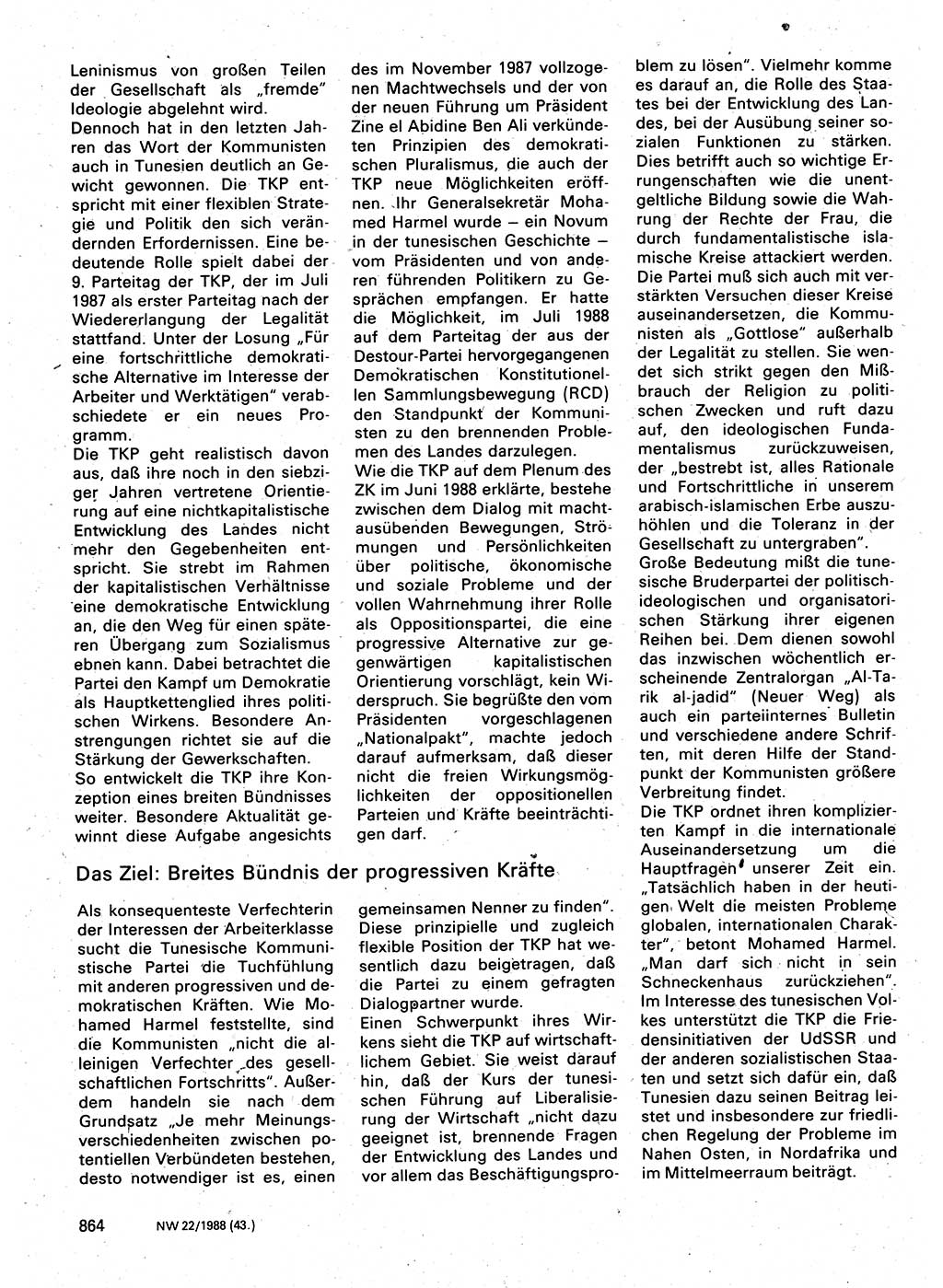 Neuer Weg (NW), Organ des Zentralkomitees (ZK) der SED (Sozialistische Einheitspartei Deutschlands) für Fragen des Parteilebens, 43. Jahrgang [Deutsche Demokratische Republik (DDR)] 1988, Seite 864 (NW ZK SED DDR 1988, S. 864)