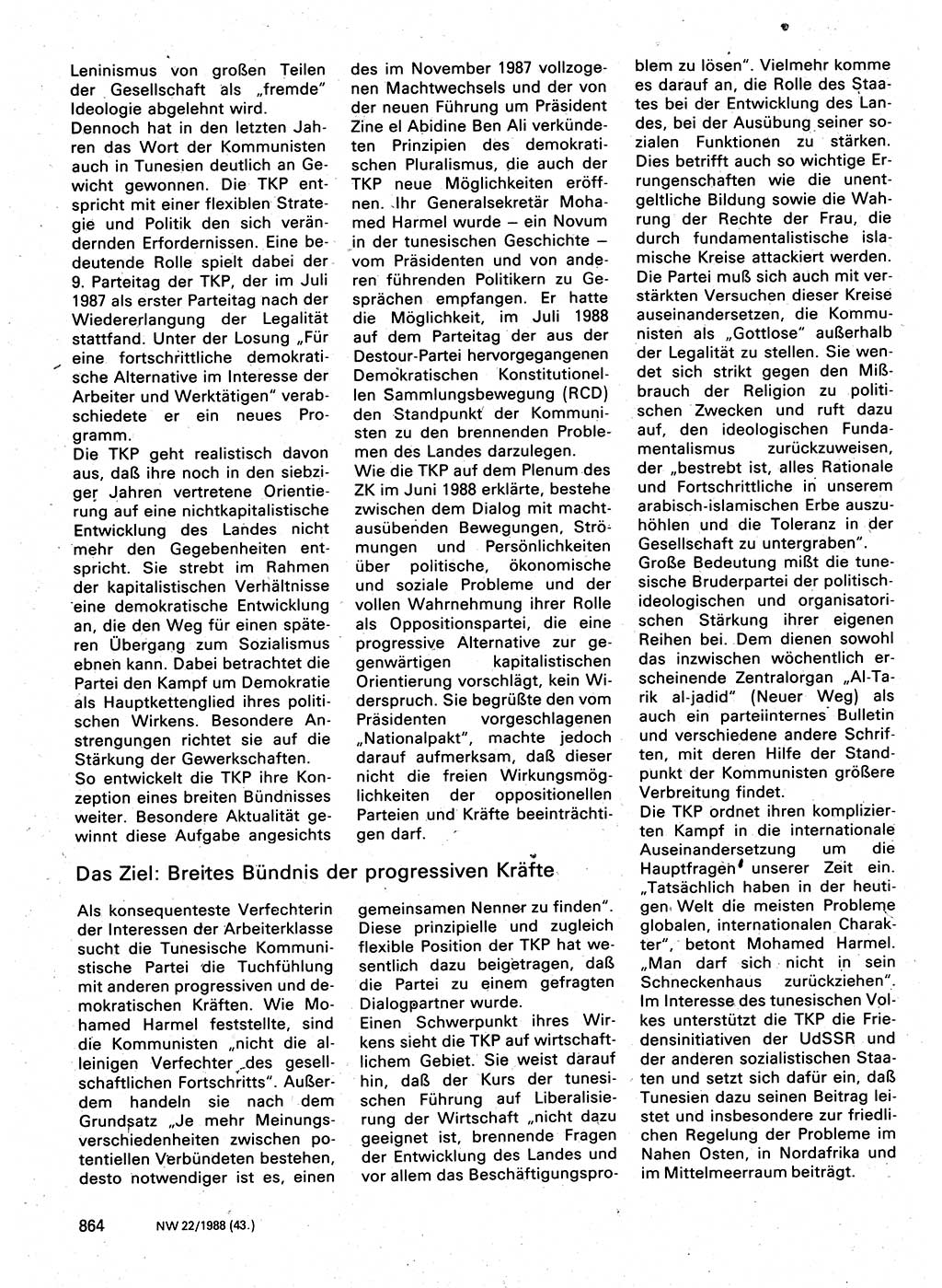 Neuer Weg (NW), Organ des Zentralkomitees (ZK) der SED (Sozialistische Einheitspartei Deutschlands) für Fragen des Parteilebens, 43. Jahrgang [Deutsche Demokratische Republik (DDR)] 1988, Seite 864 (NW ZK SED DDR 1988, S. 864)