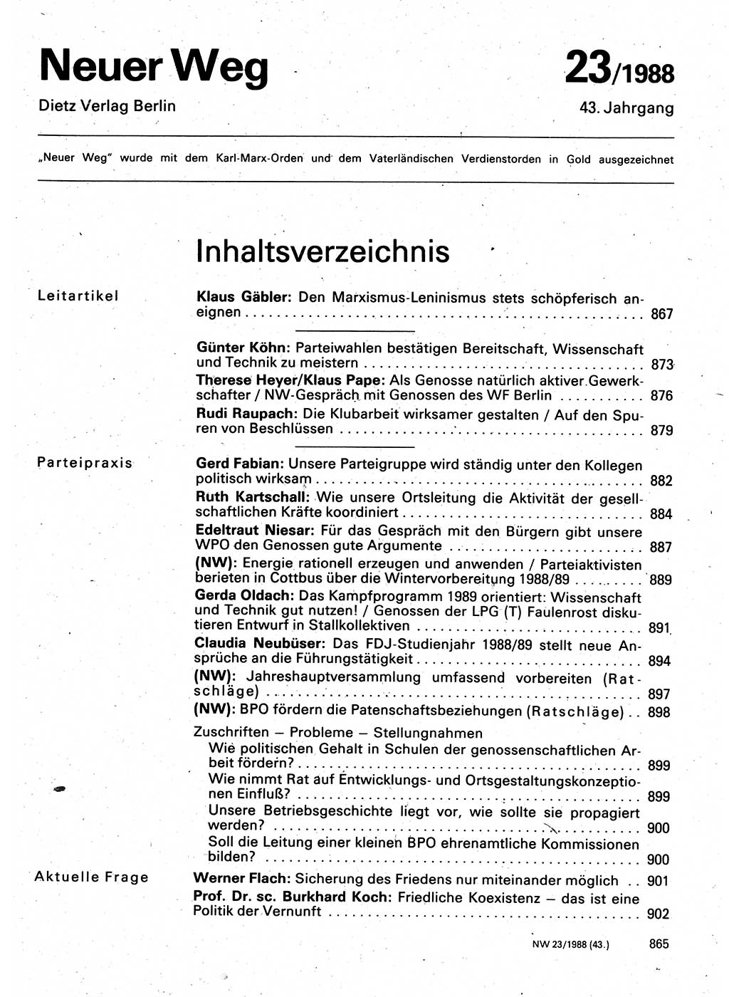 Neuer Weg (NW), Organ des Zentralkomitees (ZK) der SED (Sozialistische Einheitspartei Deutschlands) für Fragen des Parteilebens, 43. Jahrgang [Deutsche Demokratische Republik (DDR)] 1988, Seite 865 (NW ZK SED DDR 1988, S. 865)