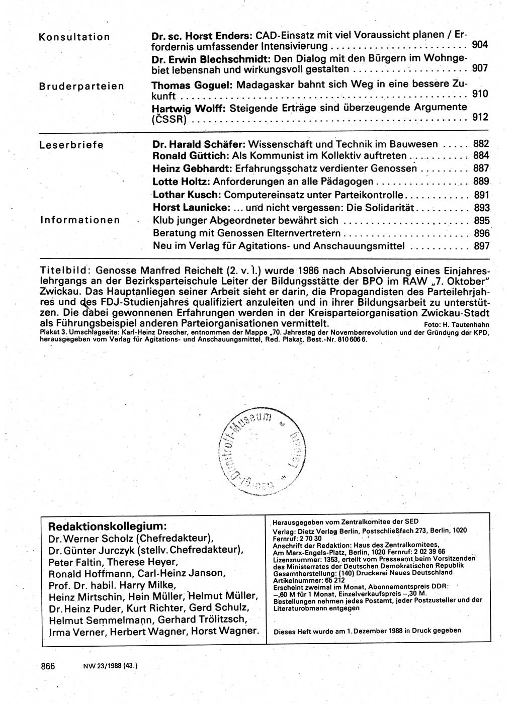 Neuer Weg (NW), Organ des Zentralkomitees (ZK) der SED (Sozialistische Einheitspartei Deutschlands) für Fragen des Parteilebens, 43. Jahrgang [Deutsche Demokratische Republik (DDR)] 1988, Seite 866 (NW ZK SED DDR 1988, S. 866)