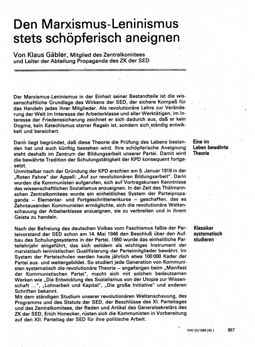 Neuer Weg (NW), Organ des Zentralkomitees (ZK) der SED (Sozialistische Einheitspartei Deutschlands) für Fragen des Parteilebens, 43. Jahrgang [Deutsche Demokratische Republik (DDR)] 1988, Seite 867 (NW ZK SED DDR 1988, S. 867)