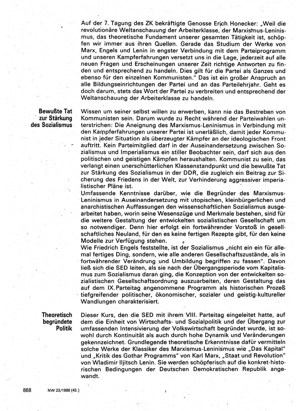 Neuer Weg (NW), Organ des Zentralkomitees (ZK) der SED (Sozialistische Einheitspartei Deutschlands) für Fragen des Parteilebens, 43. Jahrgang [Deutsche Demokratische Republik (DDR)] 1988, Seite 868 (NW ZK SED DDR 1988, S. 868)