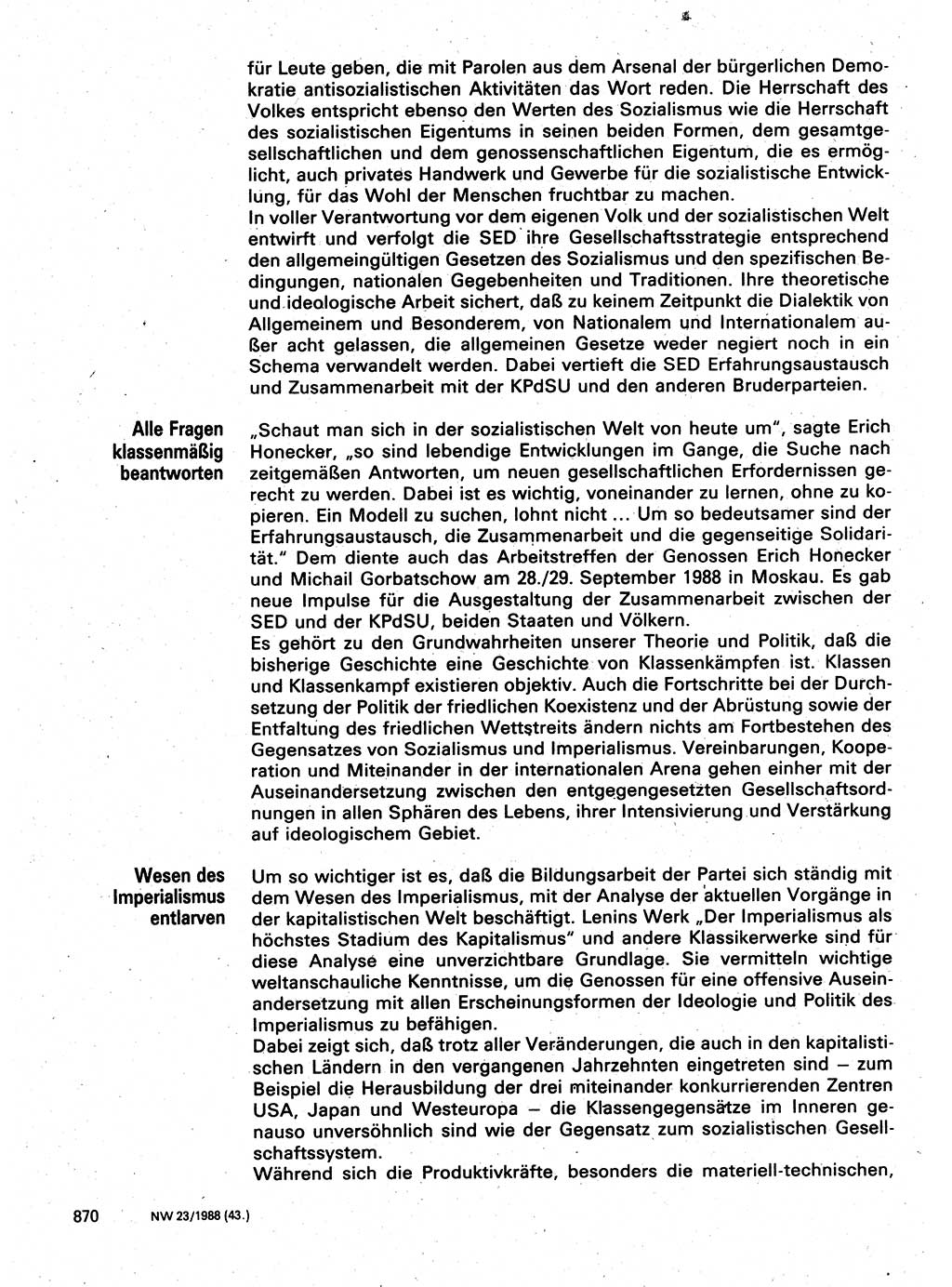 Neuer Weg (NW), Organ des Zentralkomitees (ZK) der SED (Sozialistische Einheitspartei Deutschlands) für Fragen des Parteilebens, 43. Jahrgang [Deutsche Demokratische Republik (DDR)] 1988, Seite 870 (NW ZK SED DDR 1988, S. 870)