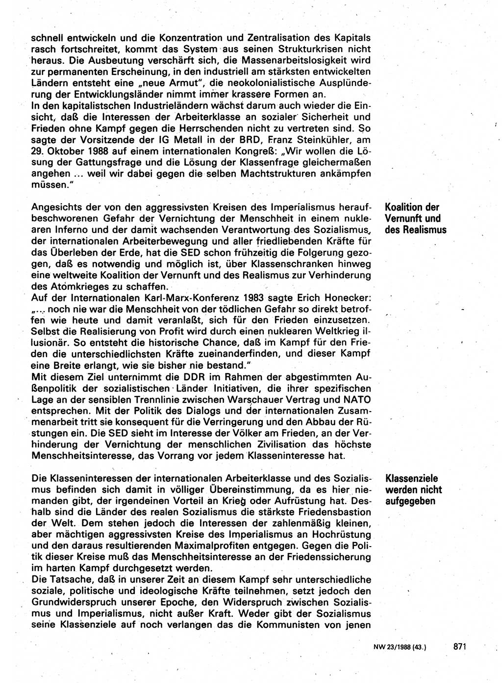 Neuer Weg (NW), Organ des Zentralkomitees (ZK) der SED (Sozialistische Einheitspartei Deutschlands) für Fragen des Parteilebens, 43. Jahrgang [Deutsche Demokratische Republik (DDR)] 1988, Seite 871 (NW ZK SED DDR 1988, S. 871)