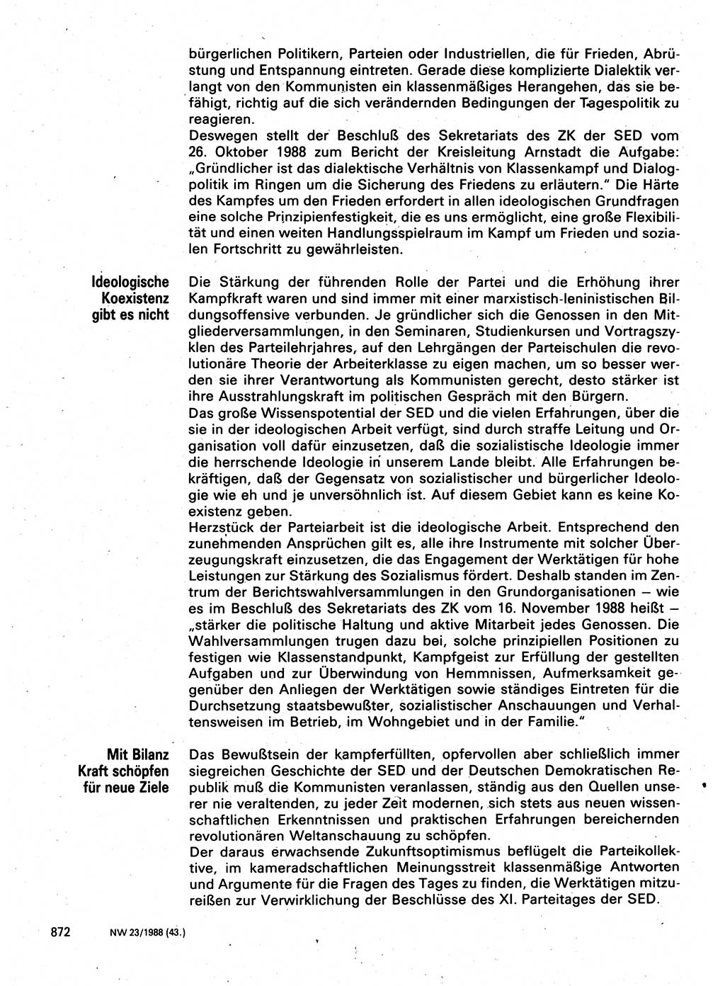 Neuer Weg (NW), Organ des Zentralkomitees (ZK) der SED (Sozialistische Einheitspartei Deutschlands) für Fragen des Parteilebens, 43. Jahrgang [Deutsche Demokratische Republik (DDR)] 1988, Seite 872 (NW ZK SED DDR 1988, S. 872)