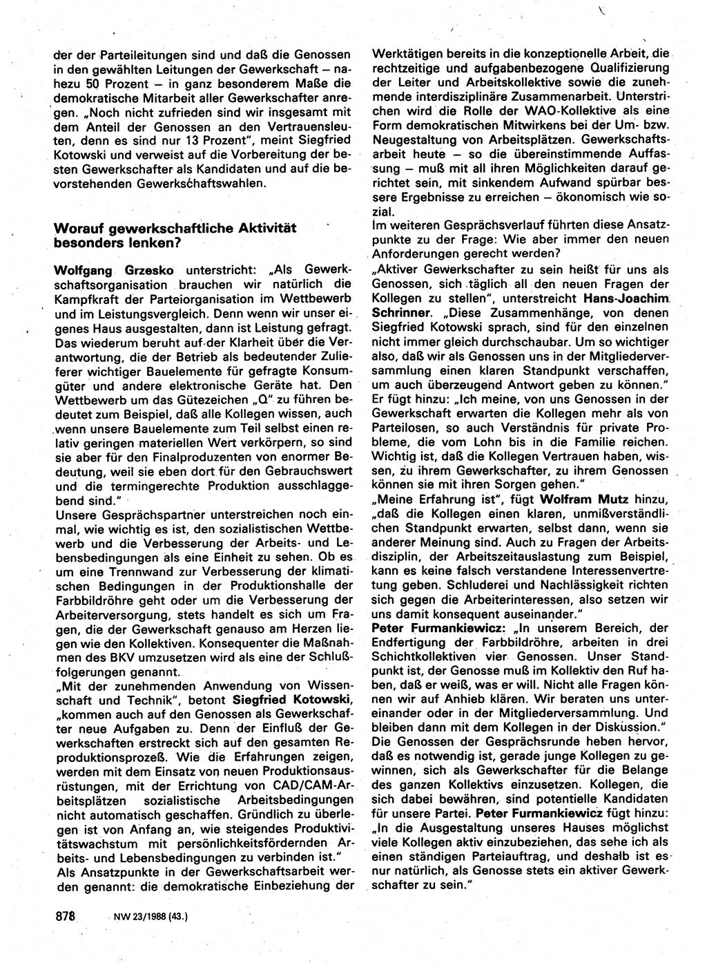 Neuer Weg (NW), Organ des Zentralkomitees (ZK) der SED (Sozialistische Einheitspartei Deutschlands) für Fragen des Parteilebens, 43. Jahrgang [Deutsche Demokratische Republik (DDR)] 1988, Seite 878 (NW ZK SED DDR 1988, S. 878)