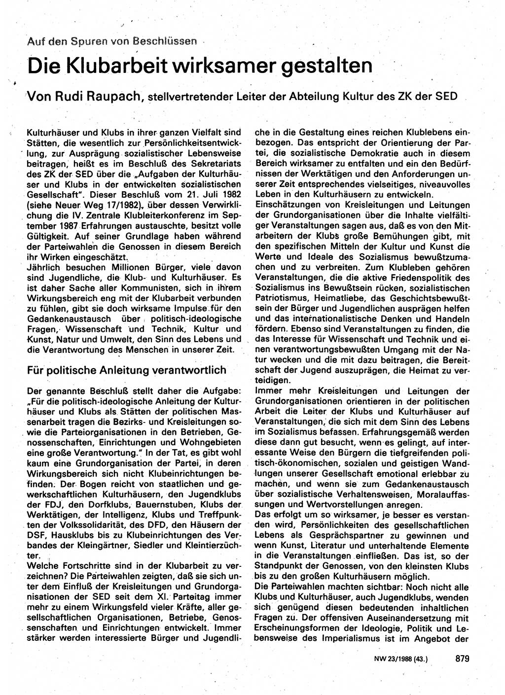 Neuer Weg (NW), Organ des Zentralkomitees (ZK) der SED (Sozialistische Einheitspartei Deutschlands) für Fragen des Parteilebens, 43. Jahrgang [Deutsche Demokratische Republik (DDR)] 1988, Seite 879 (NW ZK SED DDR 1988, S. 879)