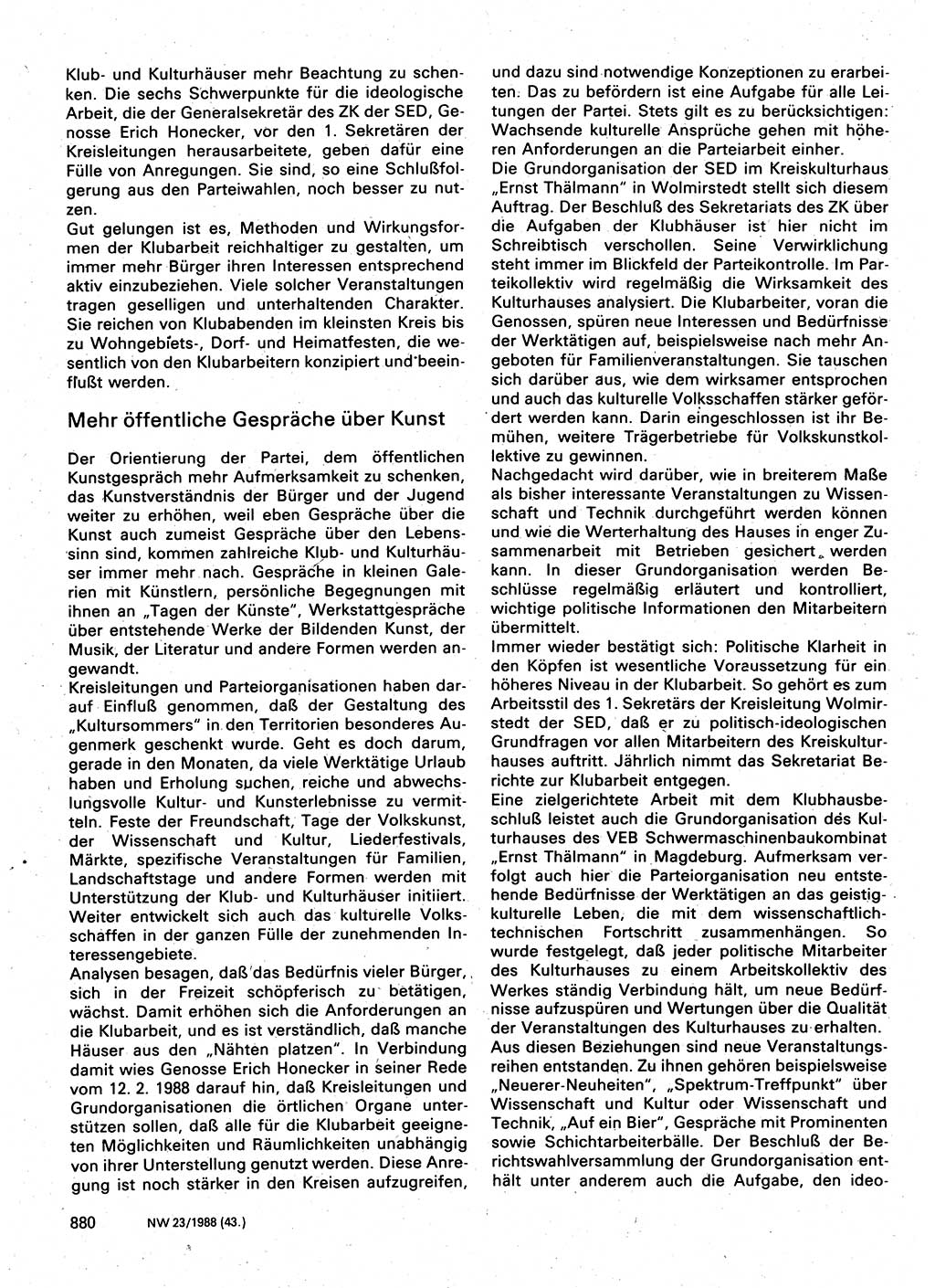 Neuer Weg (NW), Organ des Zentralkomitees (ZK) der SED (Sozialistische Einheitspartei Deutschlands) für Fragen des Parteilebens, 43. Jahrgang [Deutsche Demokratische Republik (DDR)] 1988, Seite 880 (NW ZK SED DDR 1988, S. 880)