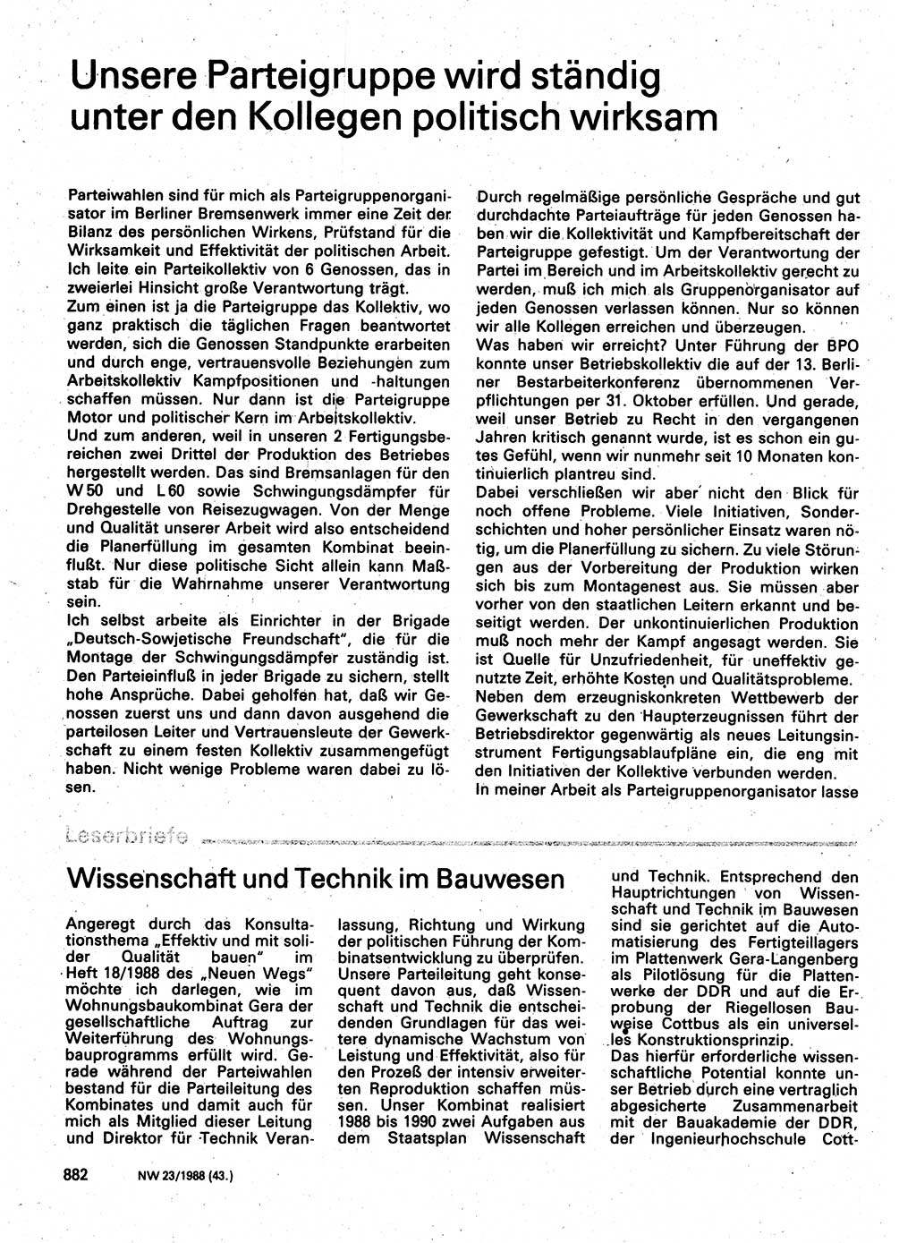 Neuer Weg (NW), Organ des Zentralkomitees (ZK) der SED (Sozialistische Einheitspartei Deutschlands) für Fragen des Parteilebens, 43. Jahrgang [Deutsche Demokratische Republik (DDR)] 1988, Seite 882 (NW ZK SED DDR 1988, S. 882)