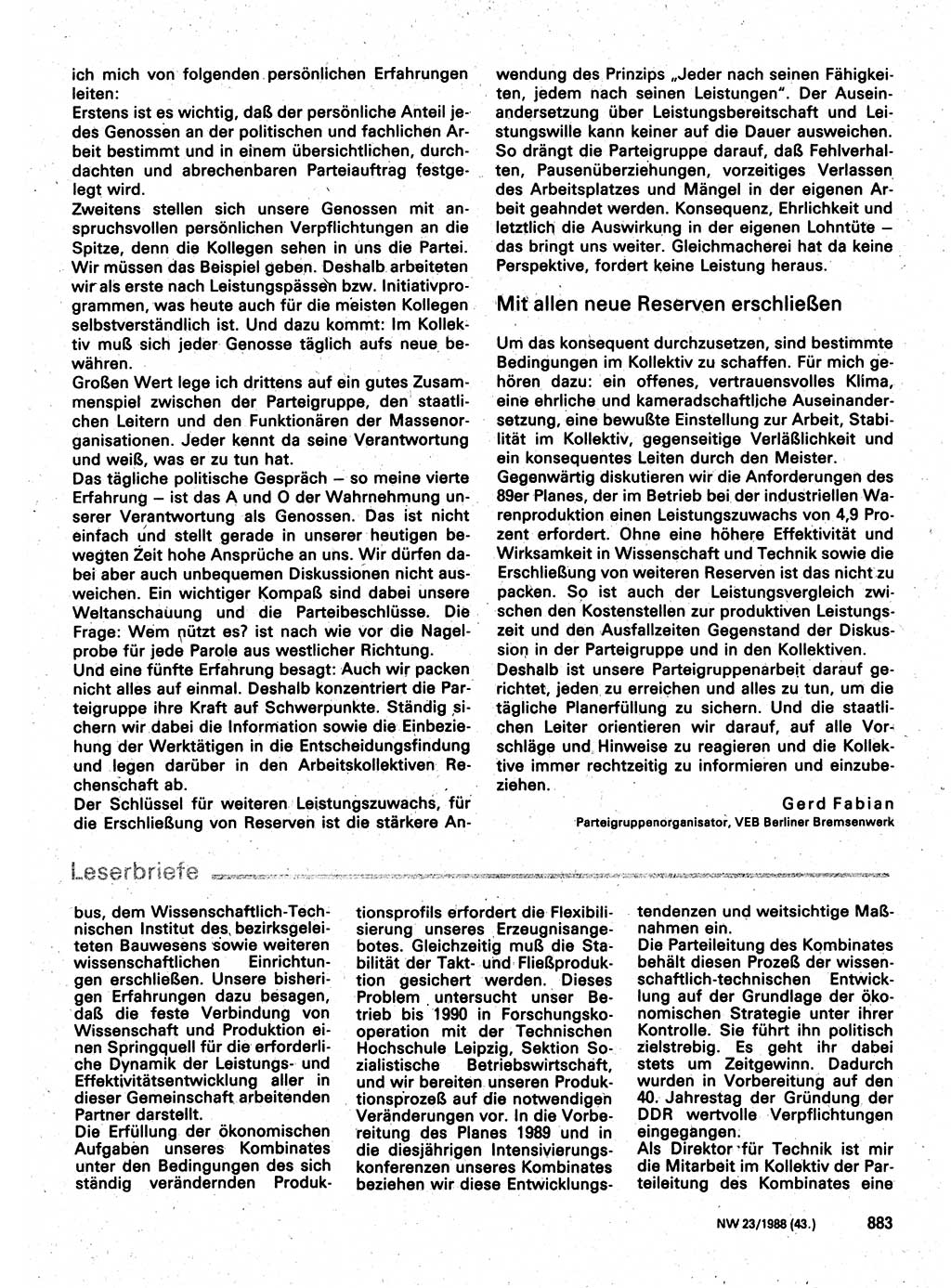 Neuer Weg (NW), Organ des Zentralkomitees (ZK) der SED (Sozialistische Einheitspartei Deutschlands) für Fragen des Parteilebens, 43. Jahrgang [Deutsche Demokratische Republik (DDR)] 1988, Seite 883 (NW ZK SED DDR 1988, S. 883)