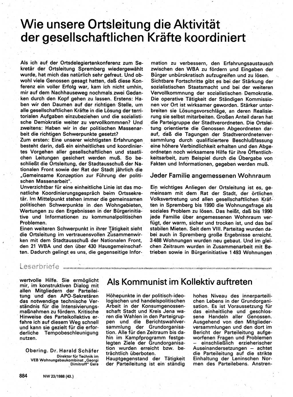 Neuer Weg (NW), Organ des Zentralkomitees (ZK) der SED (Sozialistische Einheitspartei Deutschlands) für Fragen des Parteilebens, 43. Jahrgang [Deutsche Demokratische Republik (DDR)] 1988, Seite 884 (NW ZK SED DDR 1988, S. 884)