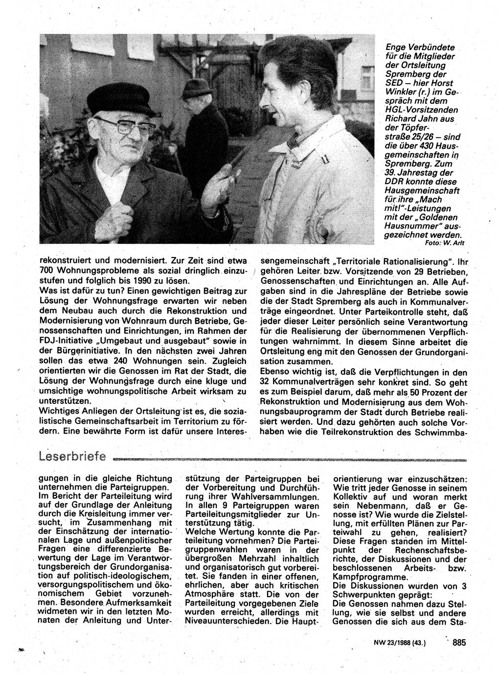Neuer Weg (NW), Organ des Zentralkomitees (ZK) der SED (Sozialistische Einheitspartei Deutschlands) für Fragen des Parteilebens, 43. Jahrgang [Deutsche Demokratische Republik (DDR)] 1988, Seite 885 (NW ZK SED DDR 1988, S. 885)