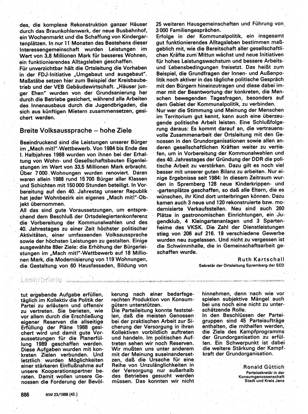 Neuer Weg (NW), Organ des Zentralkomitees (ZK) der SED (Sozialistische Einheitspartei Deutschlands) für Fragen des Parteilebens, 43. Jahrgang [Deutsche Demokratische Republik (DDR)] 1988, Seite 886 (NW ZK SED DDR 1988, S. 886)