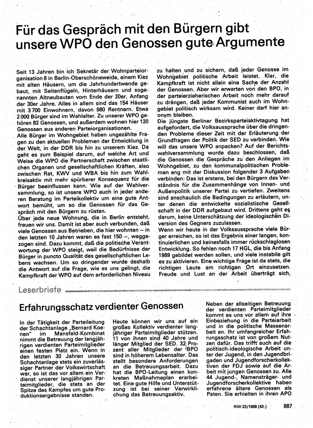 Neuer Weg (NW), Organ des Zentralkomitees (ZK) der SED (Sozialistische Einheitspartei Deutschlands) für Fragen des Parteilebens, 43. Jahrgang [Deutsche Demokratische Republik (DDR)] 1988, Seite 887 (NW ZK SED DDR 1988, S. 887)