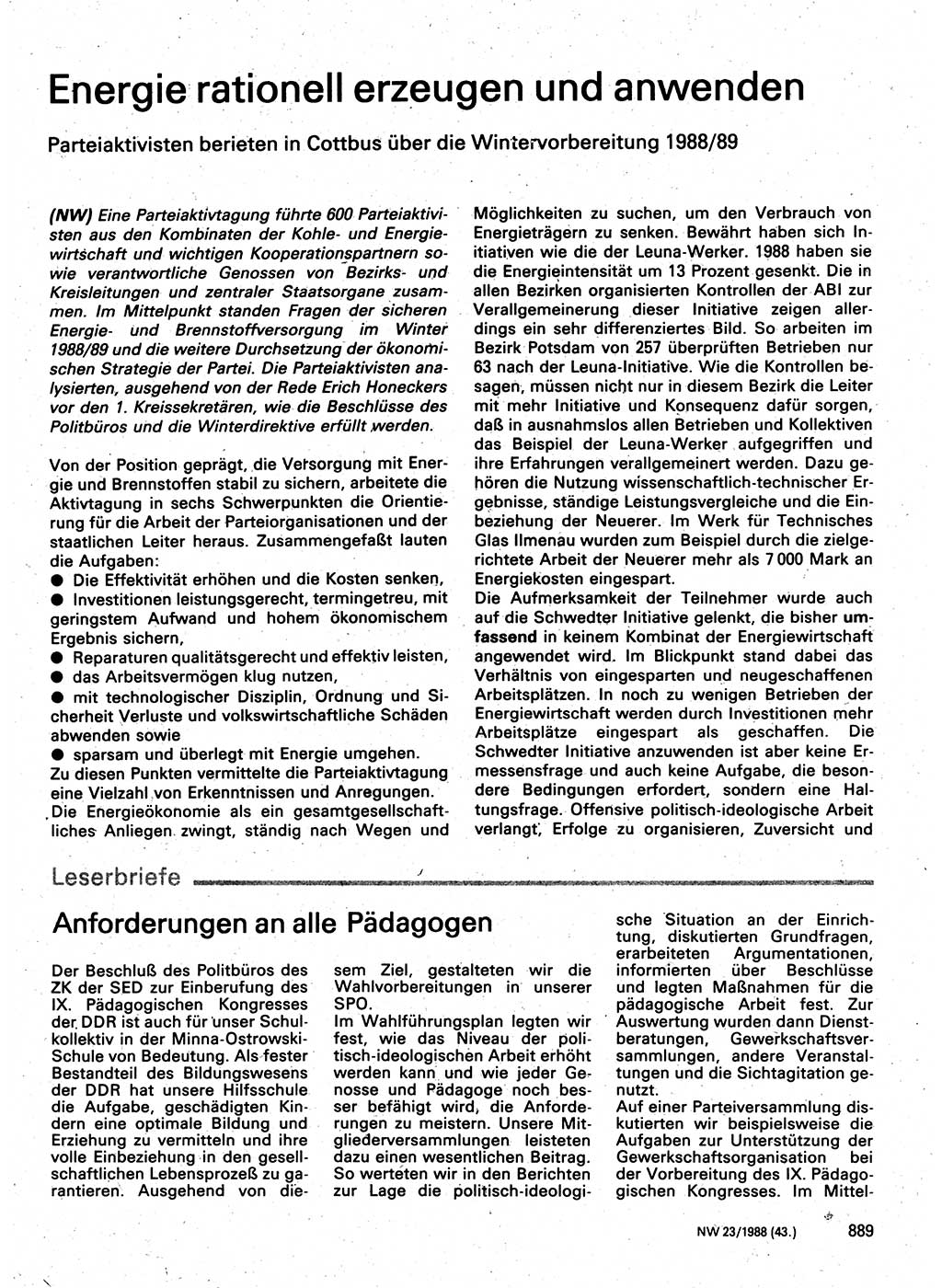 Neuer Weg (NW), Organ des Zentralkomitees (ZK) der SED (Sozialistische Einheitspartei Deutschlands) für Fragen des Parteilebens, 43. Jahrgang [Deutsche Demokratische Republik (DDR)] 1988, Seite 889 (NW ZK SED DDR 1988, S. 889)