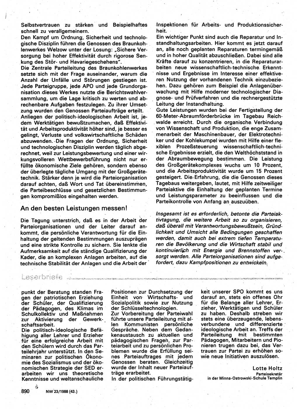 Neuer Weg (NW), Organ des Zentralkomitees (ZK) der SED (Sozialistische Einheitspartei Deutschlands) für Fragen des Parteilebens, 43. Jahrgang [Deutsche Demokratische Republik (DDR)] 1988, Seite 890 (NW ZK SED DDR 1988, S. 890)