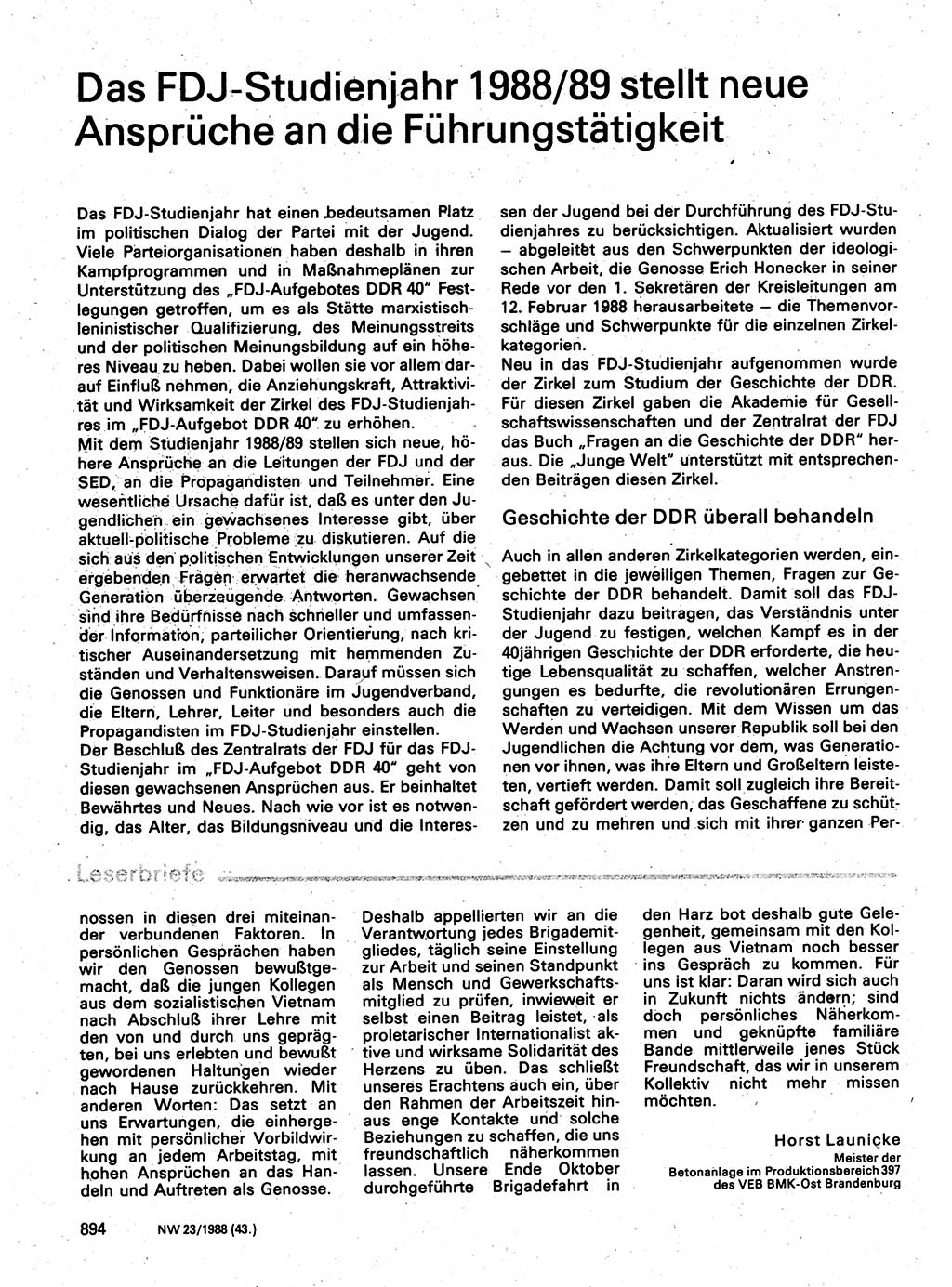 Neuer Weg (NW), Organ des Zentralkomitees (ZK) der SED (Sozialistische Einheitspartei Deutschlands) für Fragen des Parteilebens, 43. Jahrgang [Deutsche Demokratische Republik (DDR)] 1988, Seite 894 (NW ZK SED DDR 1988, S. 894)