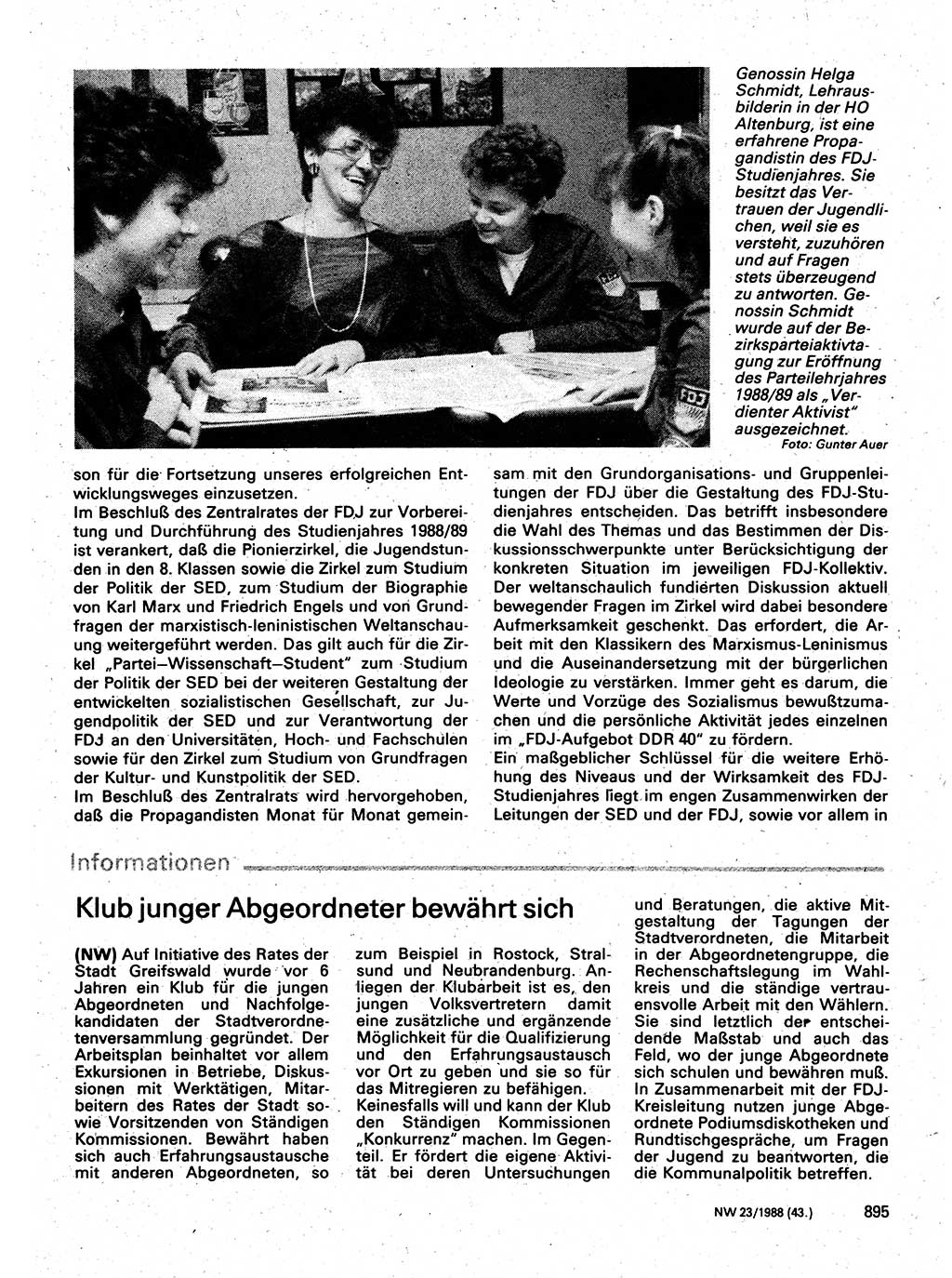 Neuer Weg (NW), Organ des Zentralkomitees (ZK) der SED (Sozialistische Einheitspartei Deutschlands) für Fragen des Parteilebens, 43. Jahrgang [Deutsche Demokratische Republik (DDR)] 1988, Seite 895 (NW ZK SED DDR 1988, S. 895)