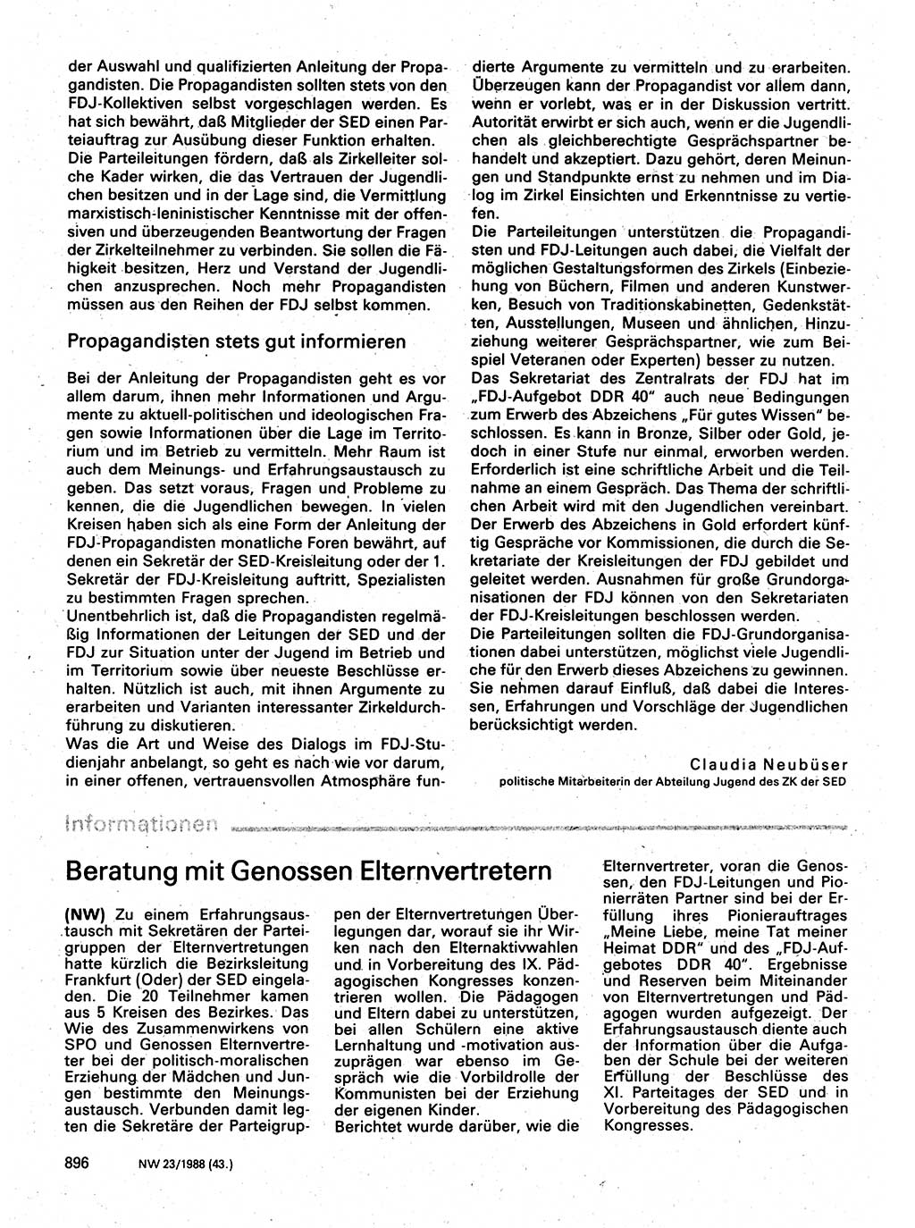 Neuer Weg (NW), Organ des Zentralkomitees (ZK) der SED (Sozialistische Einheitspartei Deutschlands) für Fragen des Parteilebens, 43. Jahrgang [Deutsche Demokratische Republik (DDR)] 1988, Seite 896 (NW ZK SED DDR 1988, S. 896)