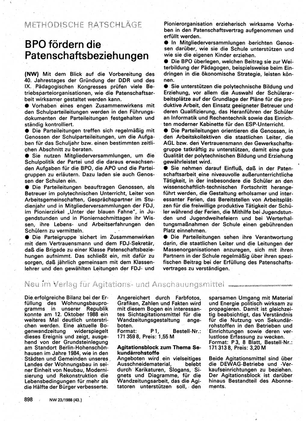 Neuer Weg (NW), Organ des Zentralkomitees (ZK) der SED (Sozialistische Einheitspartei Deutschlands) für Fragen des Parteilebens, 43. Jahrgang [Deutsche Demokratische Republik (DDR)] 1988, Seite 898 (NW ZK SED DDR 1988, S. 898)