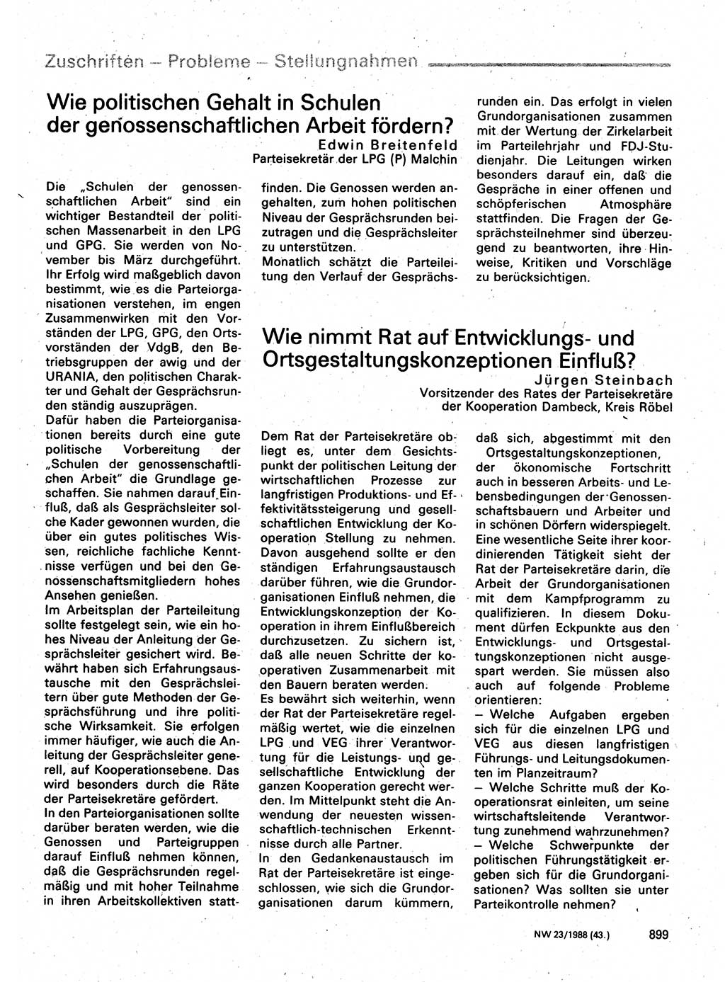 Neuer Weg (NW), Organ des Zentralkomitees (ZK) der SED (Sozialistische Einheitspartei Deutschlands) für Fragen des Parteilebens, 43. Jahrgang [Deutsche Demokratische Republik (DDR)] 1988, Seite 899 (NW ZK SED DDR 1988, S. 899)