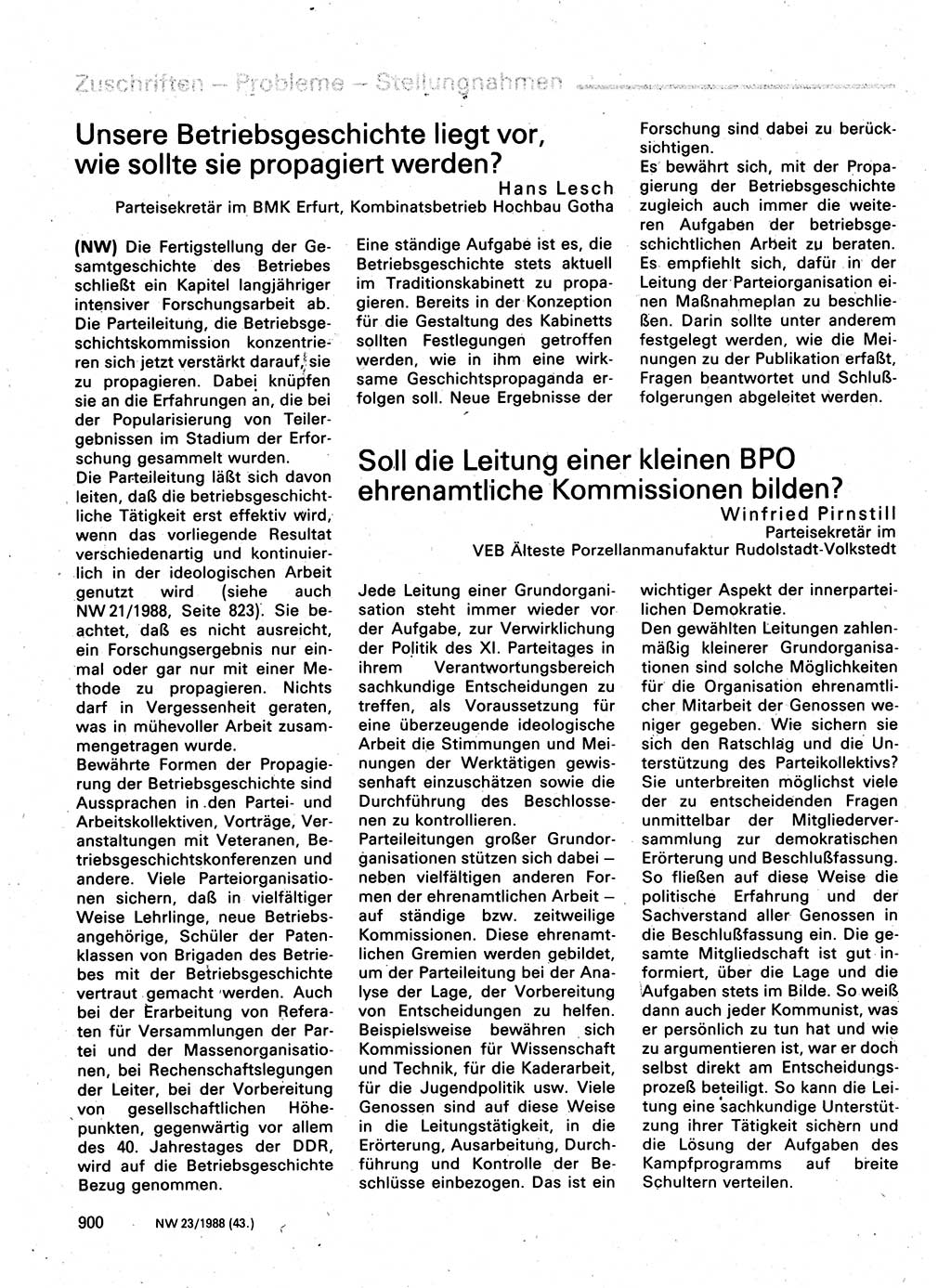 Neuer Weg (NW), Organ des Zentralkomitees (ZK) der SED (Sozialistische Einheitspartei Deutschlands) für Fragen des Parteilebens, 43. Jahrgang [Deutsche Demokratische Republik (DDR)] 1988, Seite 900 (NW ZK SED DDR 1988, S. 900)