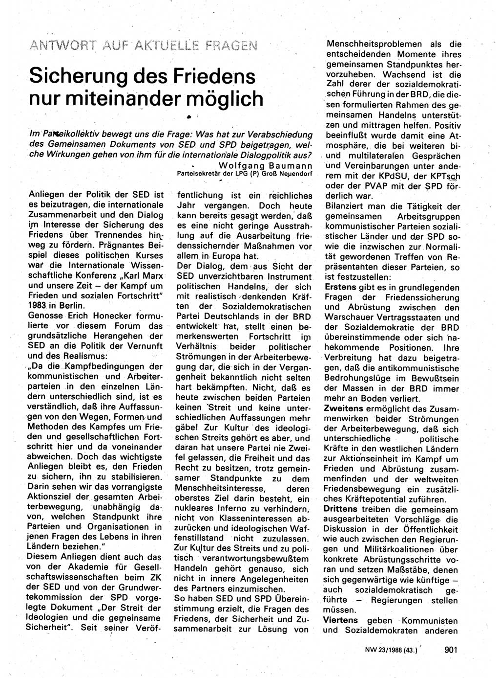 Neuer Weg (NW), Organ des Zentralkomitees (ZK) der SED (Sozialistische Einheitspartei Deutschlands) für Fragen des Parteilebens, 43. Jahrgang [Deutsche Demokratische Republik (DDR)] 1988, Seite 901 (NW ZK SED DDR 1988, S. 901)