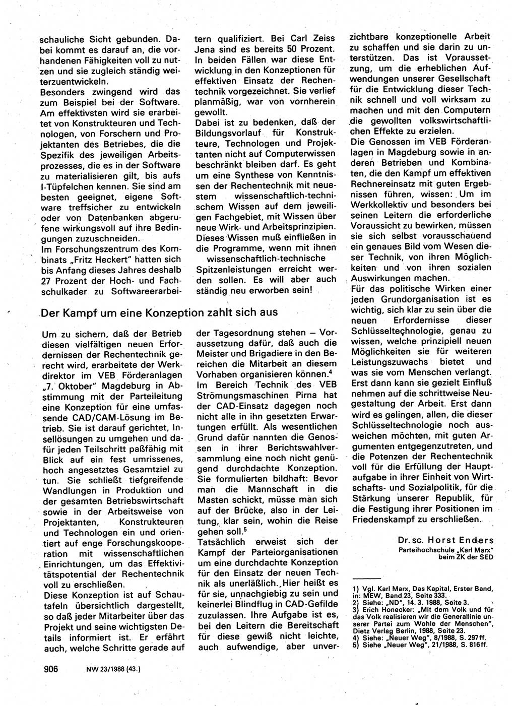Neuer Weg (NW), Organ des Zentralkomitees (ZK) der SED (Sozialistische Einheitspartei Deutschlands) für Fragen des Parteilebens, 43. Jahrgang [Deutsche Demokratische Republik (DDR)] 1988, Seite 906 (NW ZK SED DDR 1988, S. 906)