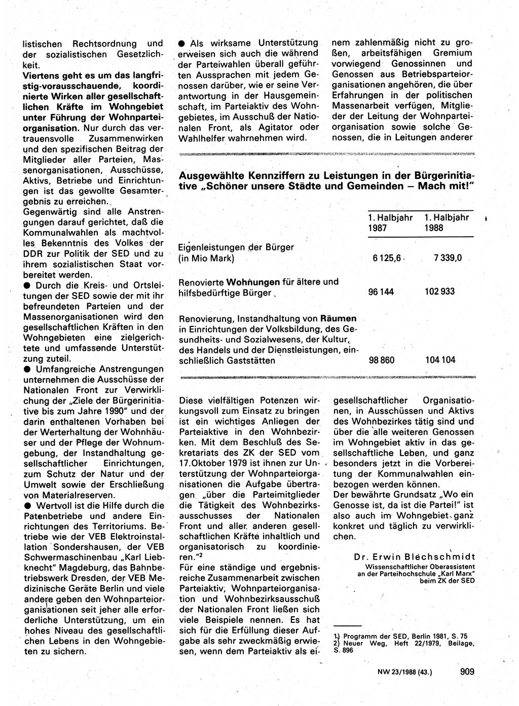 Neuer Weg (NW), Organ des Zentralkomitees (ZK) der SED (Sozialistische Einheitspartei Deutschlands) für Fragen des Parteilebens, 43. Jahrgang [Deutsche Demokratische Republik (DDR)] 1988, Seite 909 (NW ZK SED DDR 1988, S. 909)