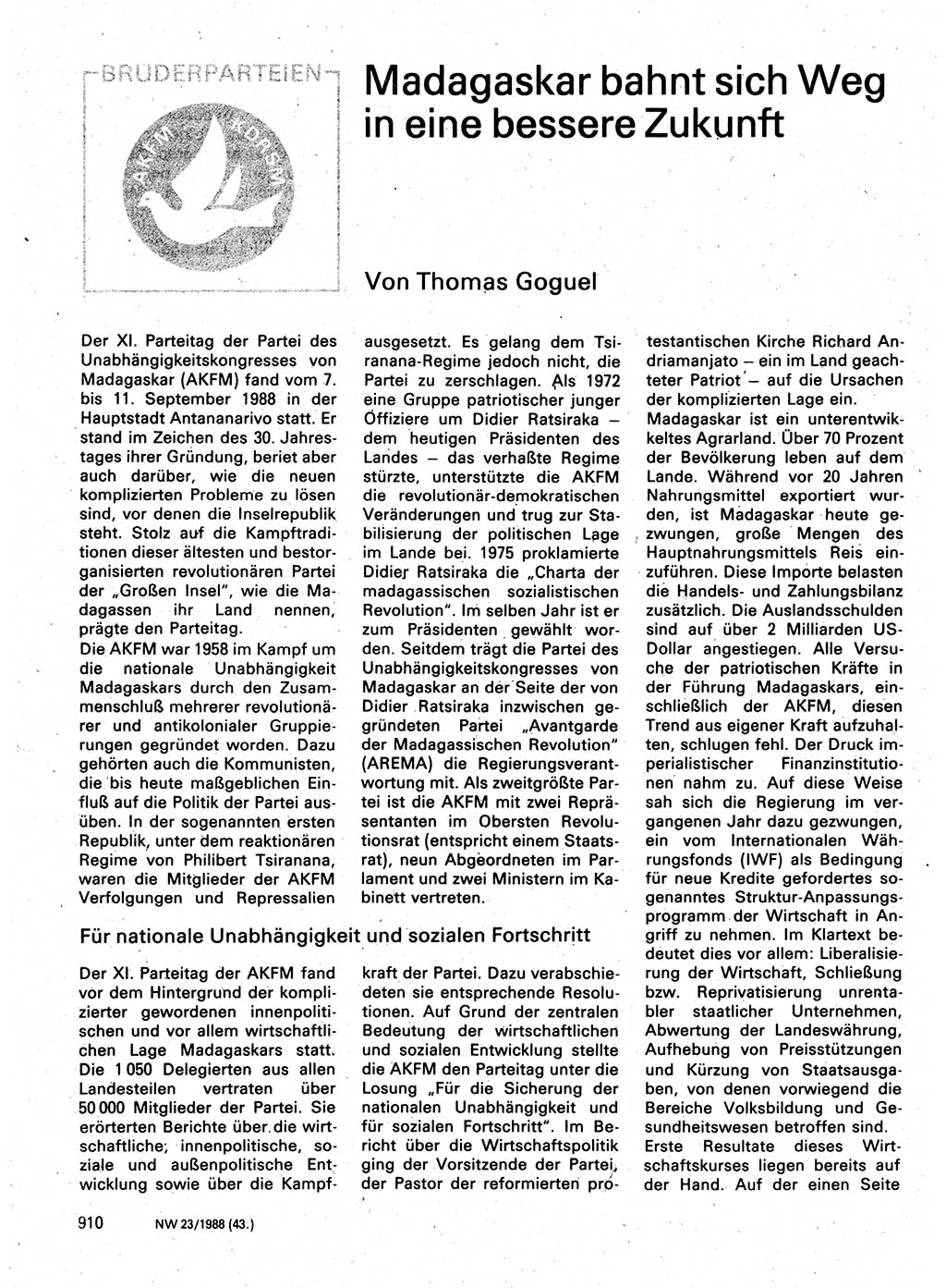 Neuer Weg (NW), Organ des Zentralkomitees (ZK) der SED (Sozialistische Einheitspartei Deutschlands) für Fragen des Parteilebens, 43. Jahrgang [Deutsche Demokratische Republik (DDR)] 1988, Seite 910 (NW ZK SED DDR 1988, S. 910)