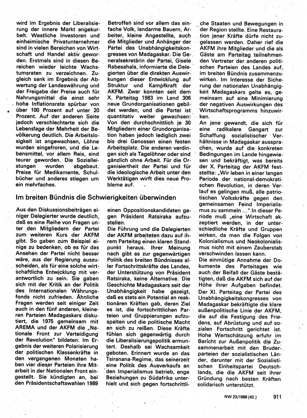 Neuer Weg (NW), Organ des Zentralkomitees (ZK) der SED (Sozialistische Einheitspartei Deutschlands) für Fragen des Parteilebens, 43. Jahrgang [Deutsche Demokratische Republik (DDR)] 1988, Seite 911 (NW ZK SED DDR 1988, S. 911)