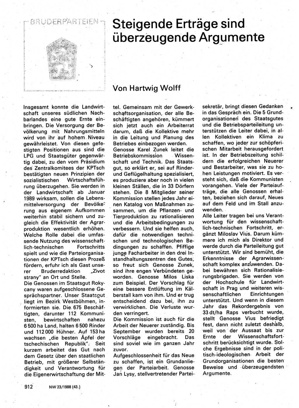 Neuer Weg (NW), Organ des Zentralkomitees (ZK) der SED (Sozialistische Einheitspartei Deutschlands) für Fragen des Parteilebens, 43. Jahrgang [Deutsche Demokratische Republik (DDR)] 1988, Seite 912 (NW ZK SED DDR 1988, S. 912)