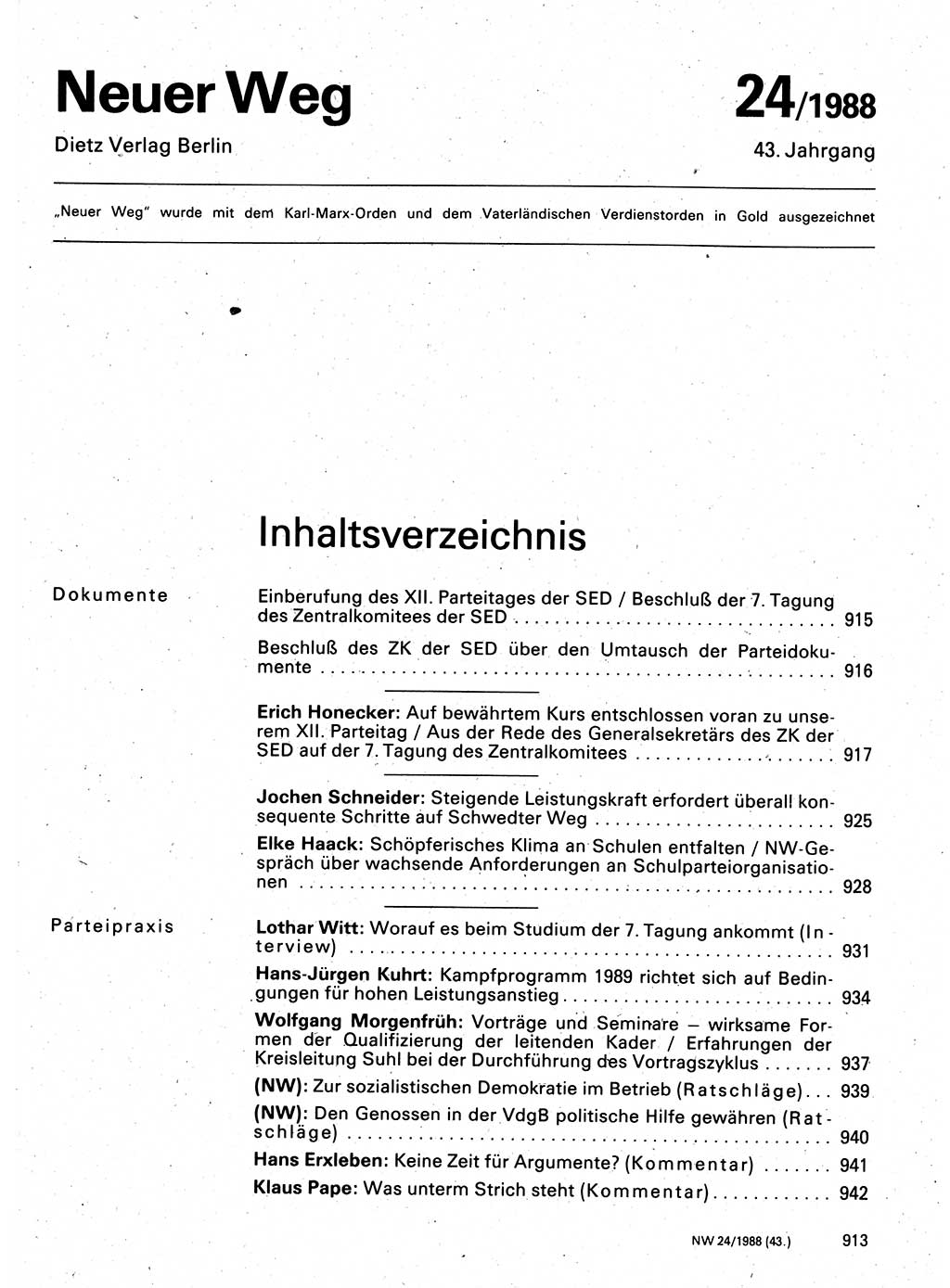 Neuer Weg (NW), Organ des Zentralkomitees (ZK) der SED (Sozialistische Einheitspartei Deutschlands) für Fragen des Parteilebens, 43. Jahrgang [Deutsche Demokratische Republik (DDR)] 1988, Seite 913 (NW ZK SED DDR 1988, S. 913)