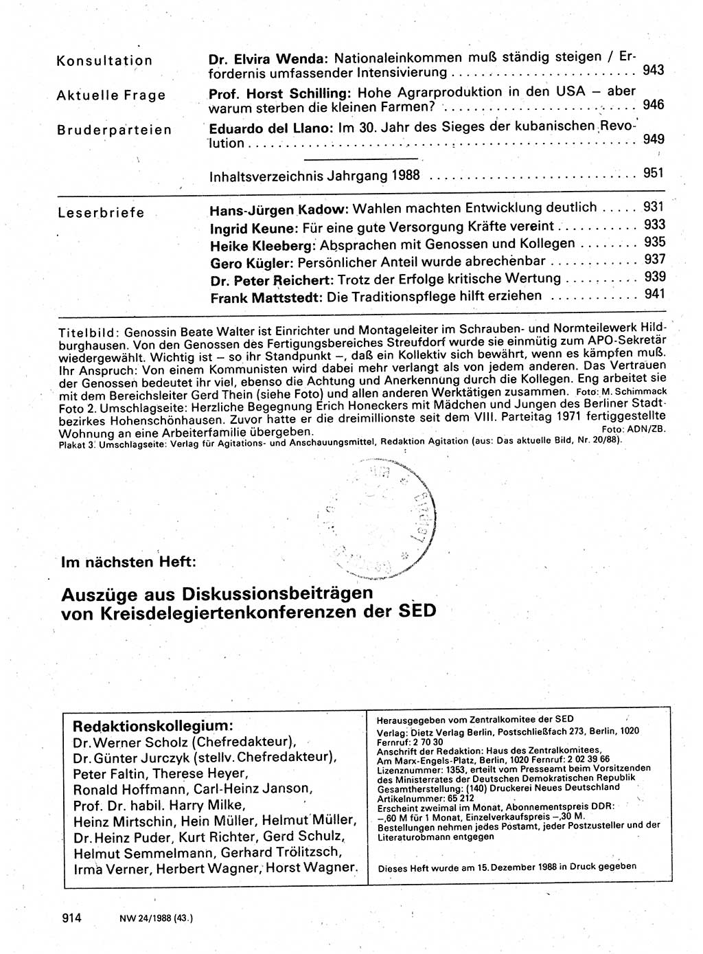 Neuer Weg (NW), Organ des Zentralkomitees (ZK) der SED (Sozialistische Einheitspartei Deutschlands) für Fragen des Parteilebens, 43. Jahrgang [Deutsche Demokratische Republik (DDR)] 1988, Seite 914 (NW ZK SED DDR 1988, S. 914)