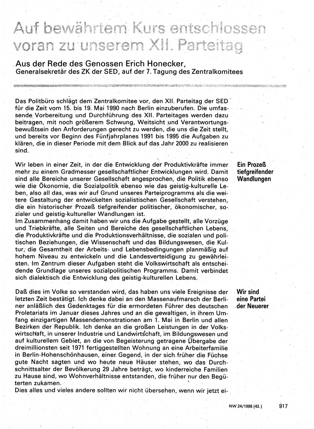 Neuer Weg (NW), Organ des Zentralkomitees (ZK) der SED (Sozialistische Einheitspartei Deutschlands) für Fragen des Parteilebens, 43. Jahrgang [Deutsche Demokratische Republik (DDR)] 1988, Seite 917 (NW ZK SED DDR 1988, S. 917)