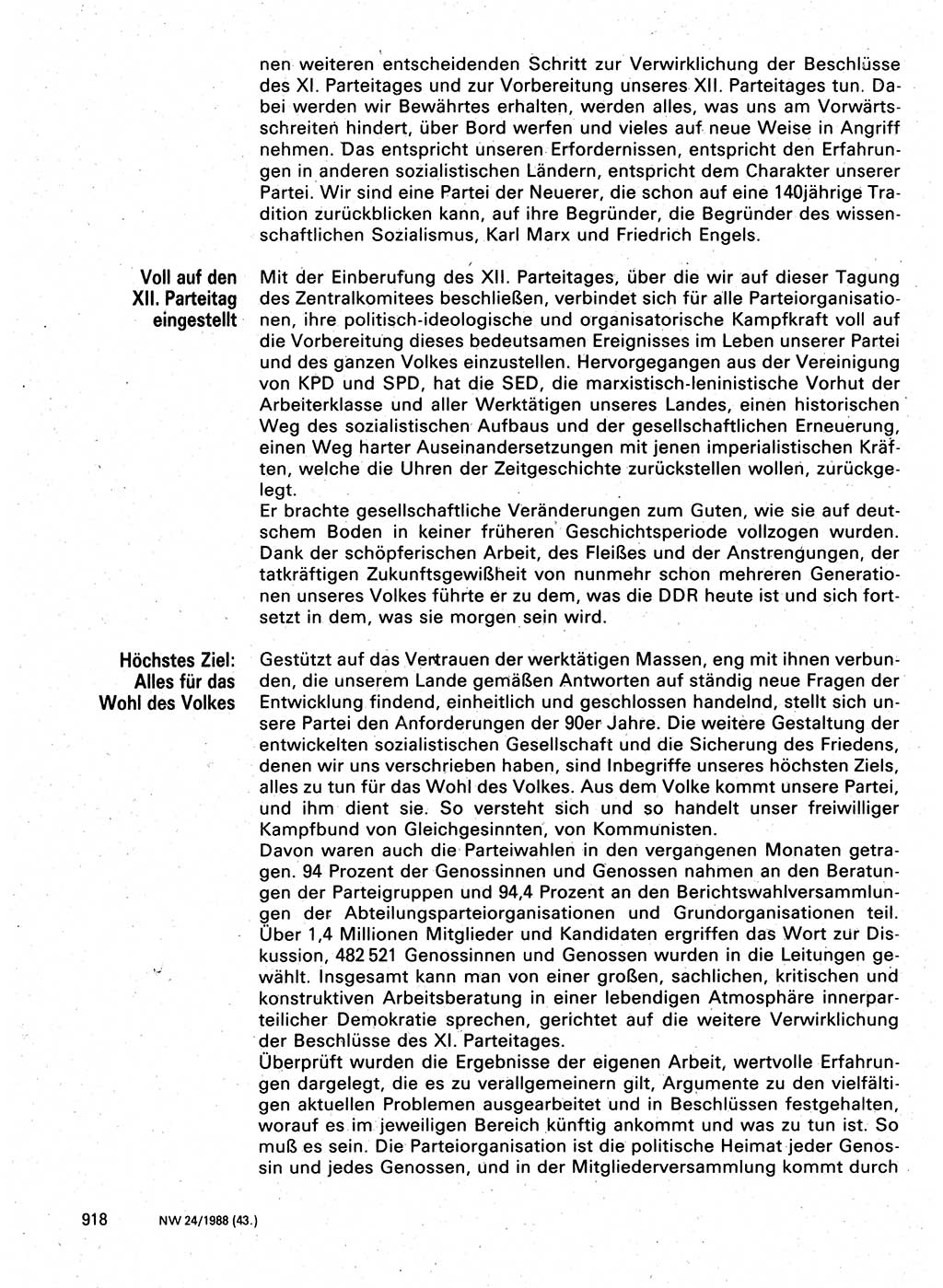 Neuer Weg (NW), Organ des Zentralkomitees (ZK) der SED (Sozialistische Einheitspartei Deutschlands) für Fragen des Parteilebens, 43. Jahrgang [Deutsche Demokratische Republik (DDR)] 1988, Seite 918 (NW ZK SED DDR 1988, S. 918)