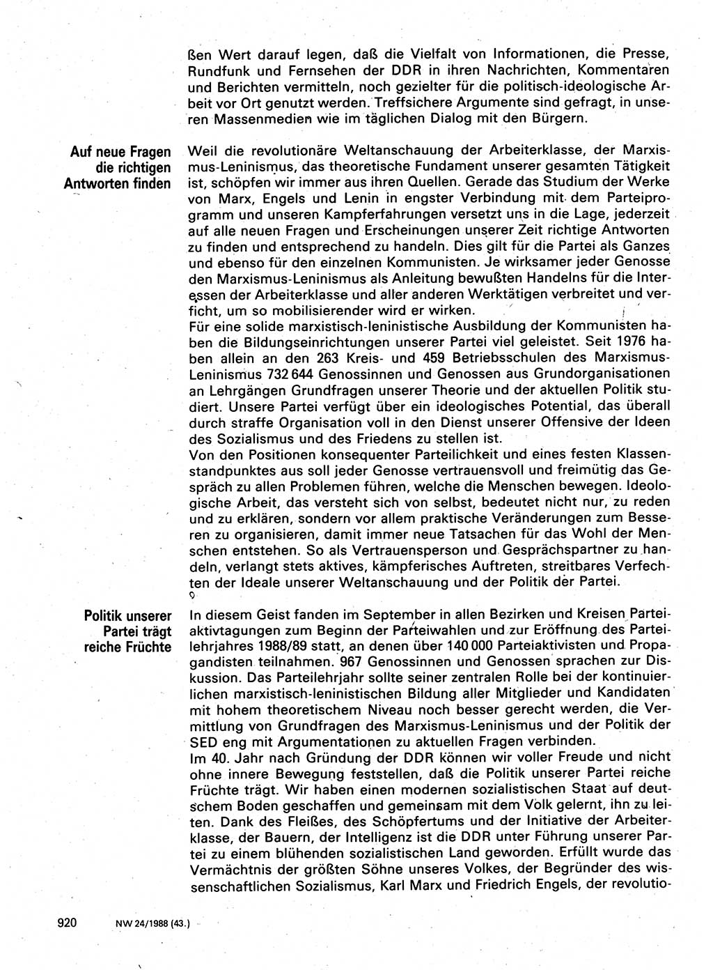 Neuer Weg (NW), Organ des Zentralkomitees (ZK) der SED (Sozialistische Einheitspartei Deutschlands) fÃ¼r Fragen des Parteilebens, 43. Jahrgang [Deutsche Demokratische Republik (DDR)] 1988, Seite 920 (NW ZK SED DDR 1988, S. 920)