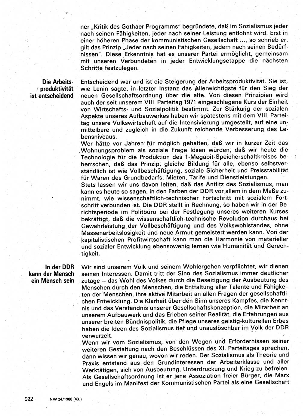 Neuer Weg (NW), Organ des Zentralkomitees (ZK) der SED (Sozialistische Einheitspartei Deutschlands) für Fragen des Parteilebens, 43. Jahrgang [Deutsche Demokratische Republik (DDR)] 1988, Seite 922 (NW ZK SED DDR 1988, S. 922)