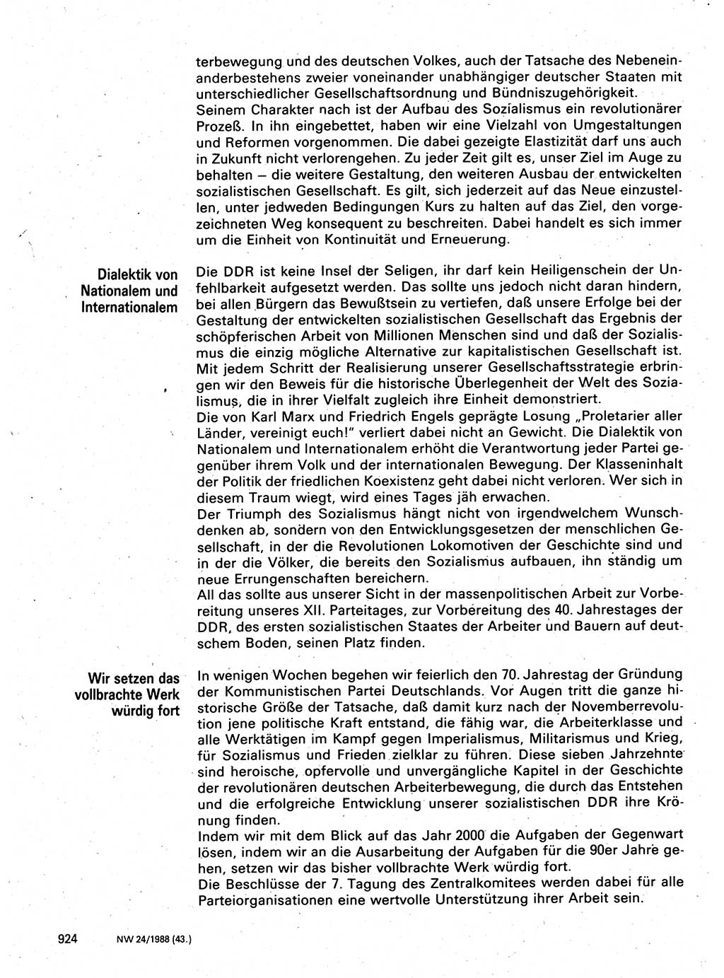 Neuer Weg (NW), Organ des Zentralkomitees (ZK) der SED (Sozialistische Einheitspartei Deutschlands) für Fragen des Parteilebens, 43. Jahrgang [Deutsche Demokratische Republik (DDR)] 1988, Seite 924 (NW ZK SED DDR 1988, S. 924)