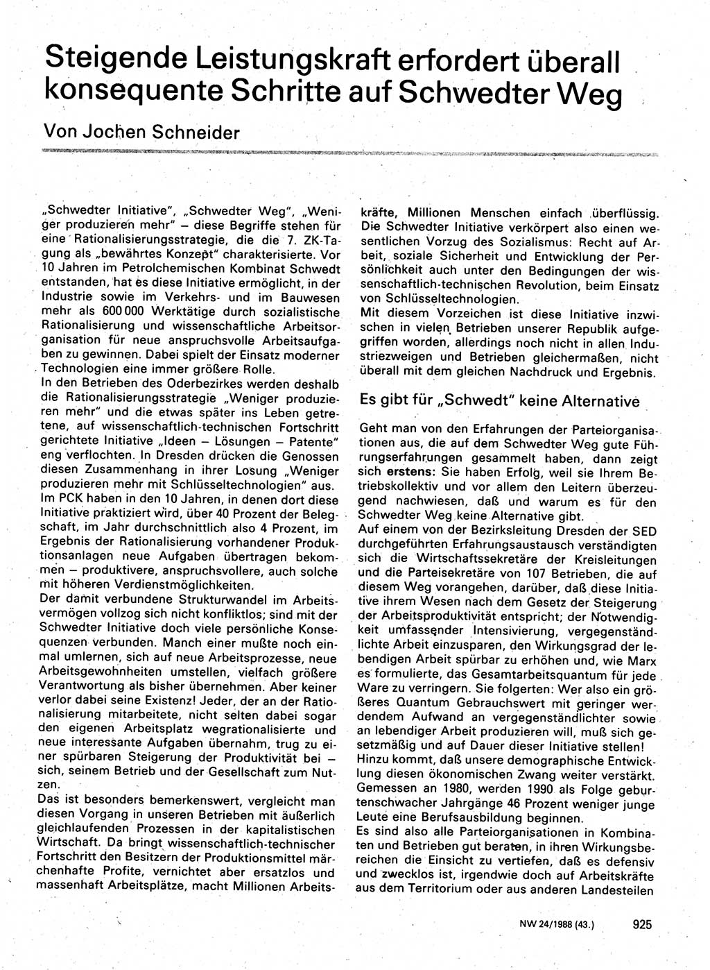 Neuer Weg (NW), Organ des Zentralkomitees (ZK) der SED (Sozialistische Einheitspartei Deutschlands) für Fragen des Parteilebens, 43. Jahrgang [Deutsche Demokratische Republik (DDR)] 1988, Seite 925 (NW ZK SED DDR 1988, S. 925)