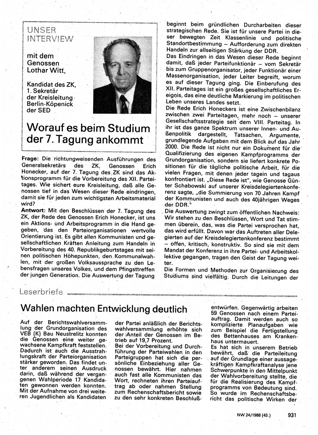 Neuer Weg (NW), Organ des Zentralkomitees (ZK) der SED (Sozialistische Einheitspartei Deutschlands) für Fragen des Parteilebens, 43. Jahrgang [Deutsche Demokratische Republik (DDR)] 1988, Seite 931 (NW ZK SED DDR 1988, S. 931)