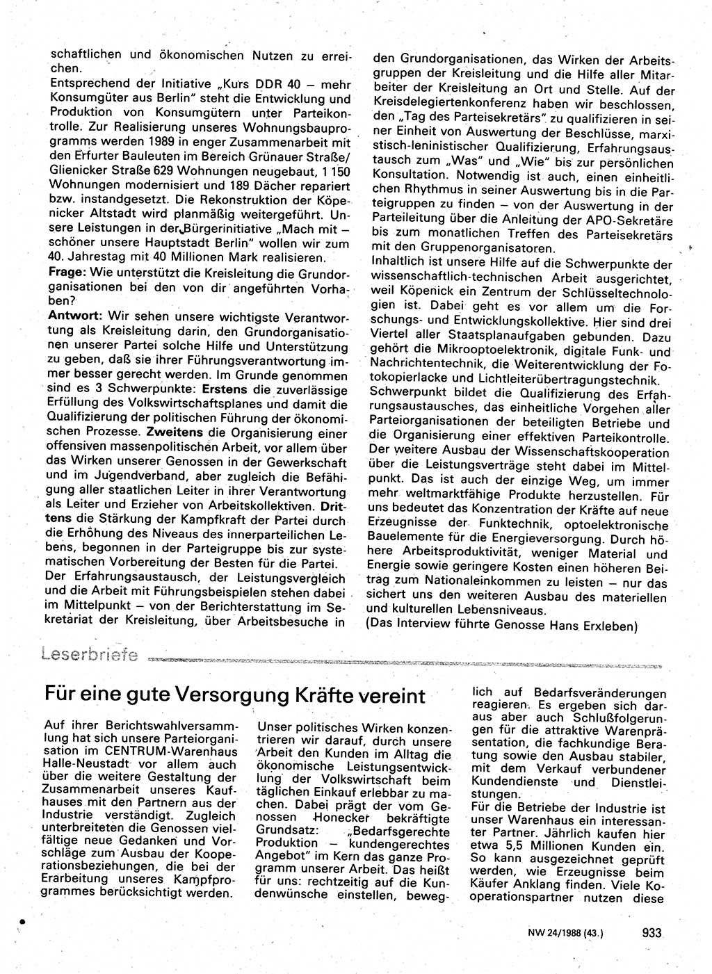 Neuer Weg (NW), Organ des Zentralkomitees (ZK) der SED (Sozialistische Einheitspartei Deutschlands) für Fragen des Parteilebens, 43. Jahrgang [Deutsche Demokratische Republik (DDR)] 1988, Seite 933 (NW ZK SED DDR 1988, S. 933)