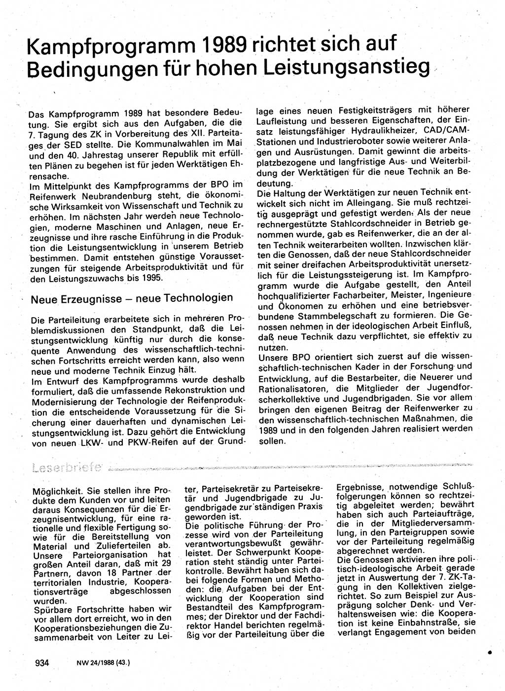 Neuer Weg (NW), Organ des Zentralkomitees (ZK) der SED (Sozialistische Einheitspartei Deutschlands) für Fragen des Parteilebens, 43. Jahrgang [Deutsche Demokratische Republik (DDR)] 1988, Seite 934 (NW ZK SED DDR 1988, S. 934)
