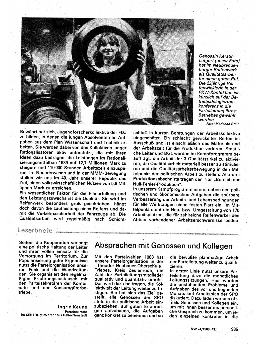 Neuer Weg (NW), Organ des Zentralkomitees (ZK) der SED (Sozialistische Einheitspartei Deutschlands) für Fragen des Parteilebens, 43. Jahrgang [Deutsche Demokratische Republik (DDR)] 1988, Seite 935 (NW ZK SED DDR 1988, S. 935)