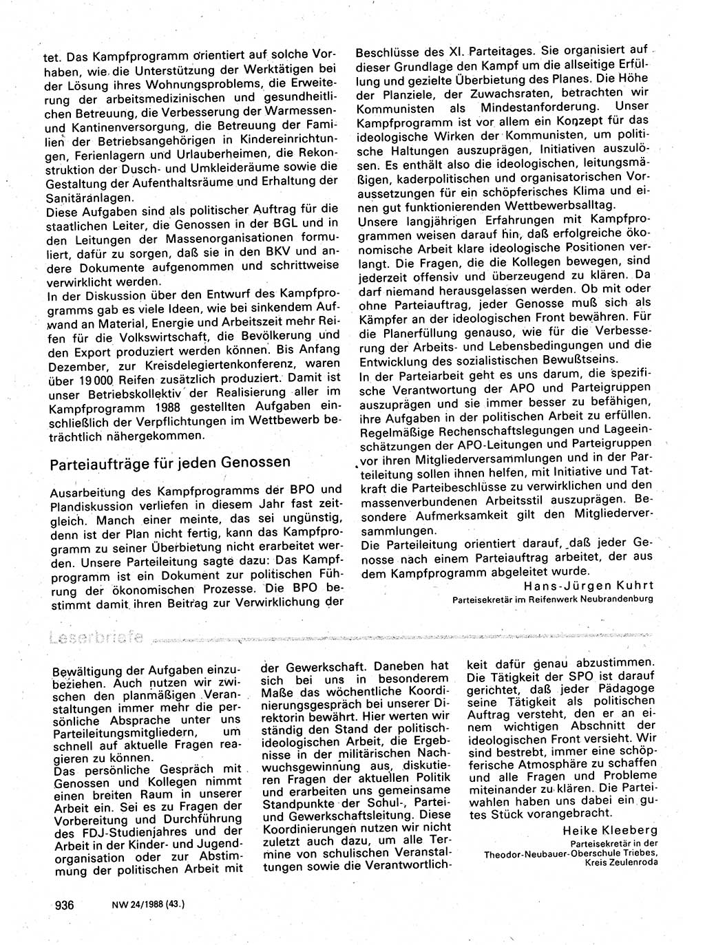 Neuer Weg (NW), Organ des Zentralkomitees (ZK) der SED (Sozialistische Einheitspartei Deutschlands) für Fragen des Parteilebens, 43. Jahrgang [Deutsche Demokratische Republik (DDR)] 1988, Seite 936 (NW ZK SED DDR 1988, S. 936)