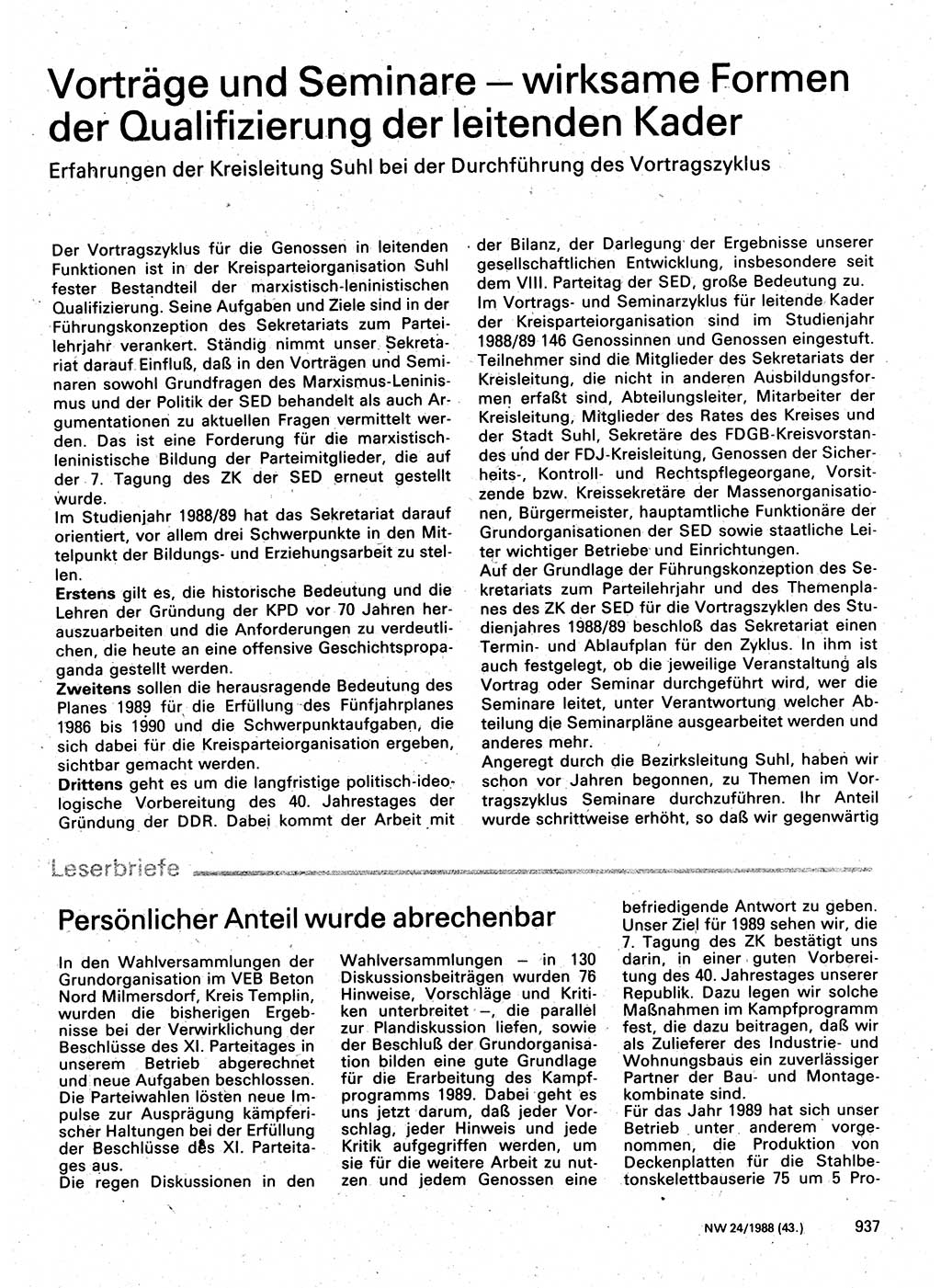 Neuer Weg (NW), Organ des Zentralkomitees (ZK) der SED (Sozialistische Einheitspartei Deutschlands) für Fragen des Parteilebens, 43. Jahrgang [Deutsche Demokratische Republik (DDR)] 1988, Seite 937 (NW ZK SED DDR 1988, S. 937)