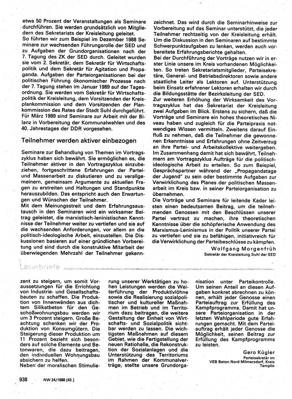 Neuer Weg (NW), Organ des Zentralkomitees (ZK) der SED (Sozialistische Einheitspartei Deutschlands) für Fragen des Parteilebens, 43. Jahrgang [Deutsche Demokratische Republik (DDR)] 1988, Seite 938 (NW ZK SED DDR 1988, S. 938)