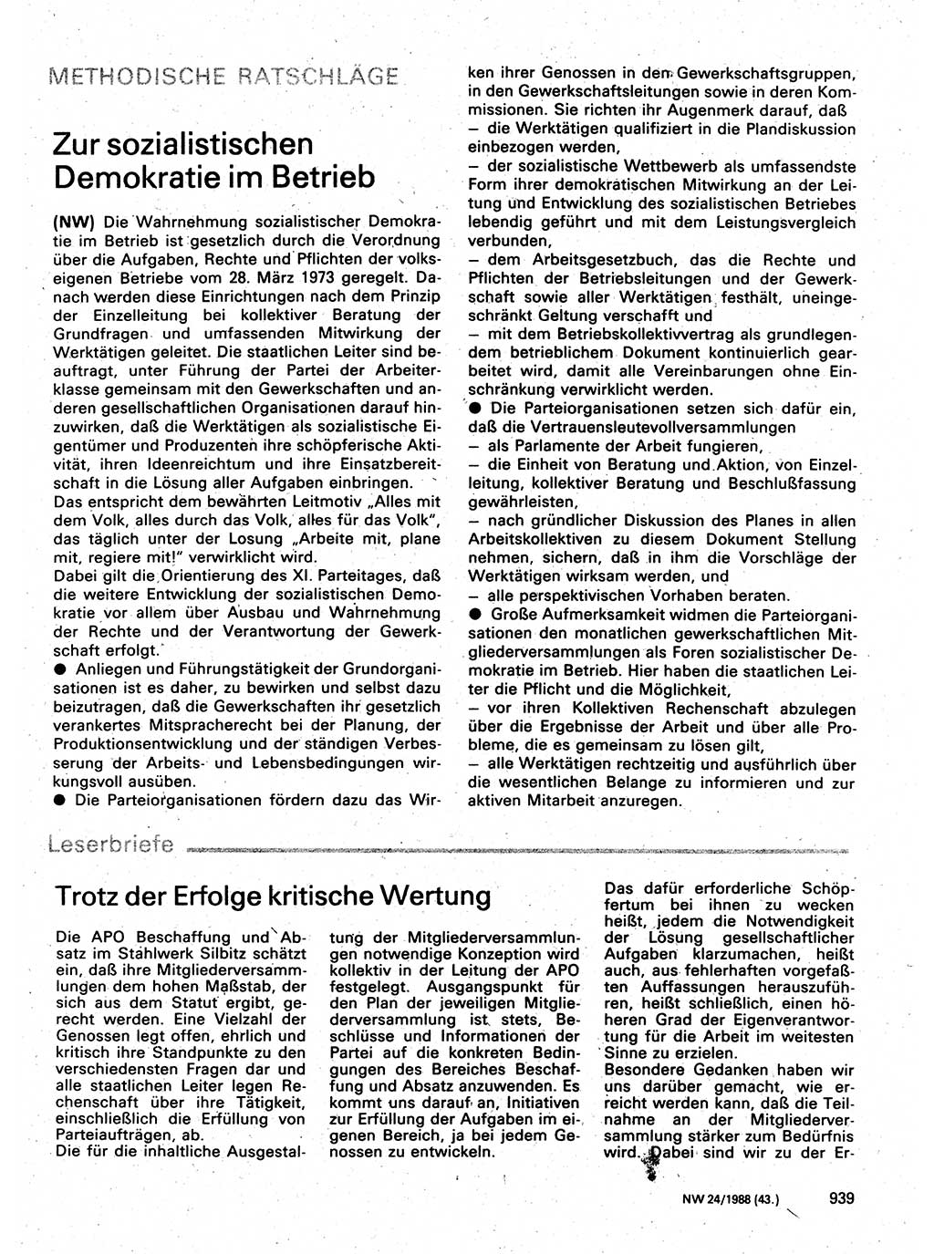 Neuer Weg (NW), Organ des Zentralkomitees (ZK) der SED (Sozialistische Einheitspartei Deutschlands) für Fragen des Parteilebens, 43. Jahrgang [Deutsche Demokratische Republik (DDR)] 1988, Seite 939 (NW ZK SED DDR 1988, S. 939)