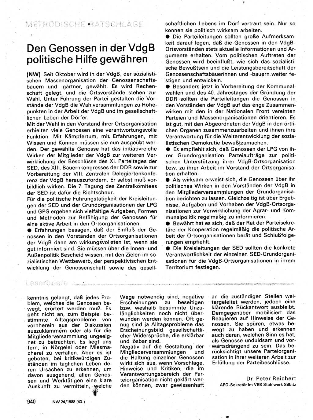 Neuer Weg (NW), Organ des Zentralkomitees (ZK) der SED (Sozialistische Einheitspartei Deutschlands) für Fragen des Parteilebens, 43. Jahrgang [Deutsche Demokratische Republik (DDR)] 1988, Seite 940 (NW ZK SED DDR 1988, S. 940)